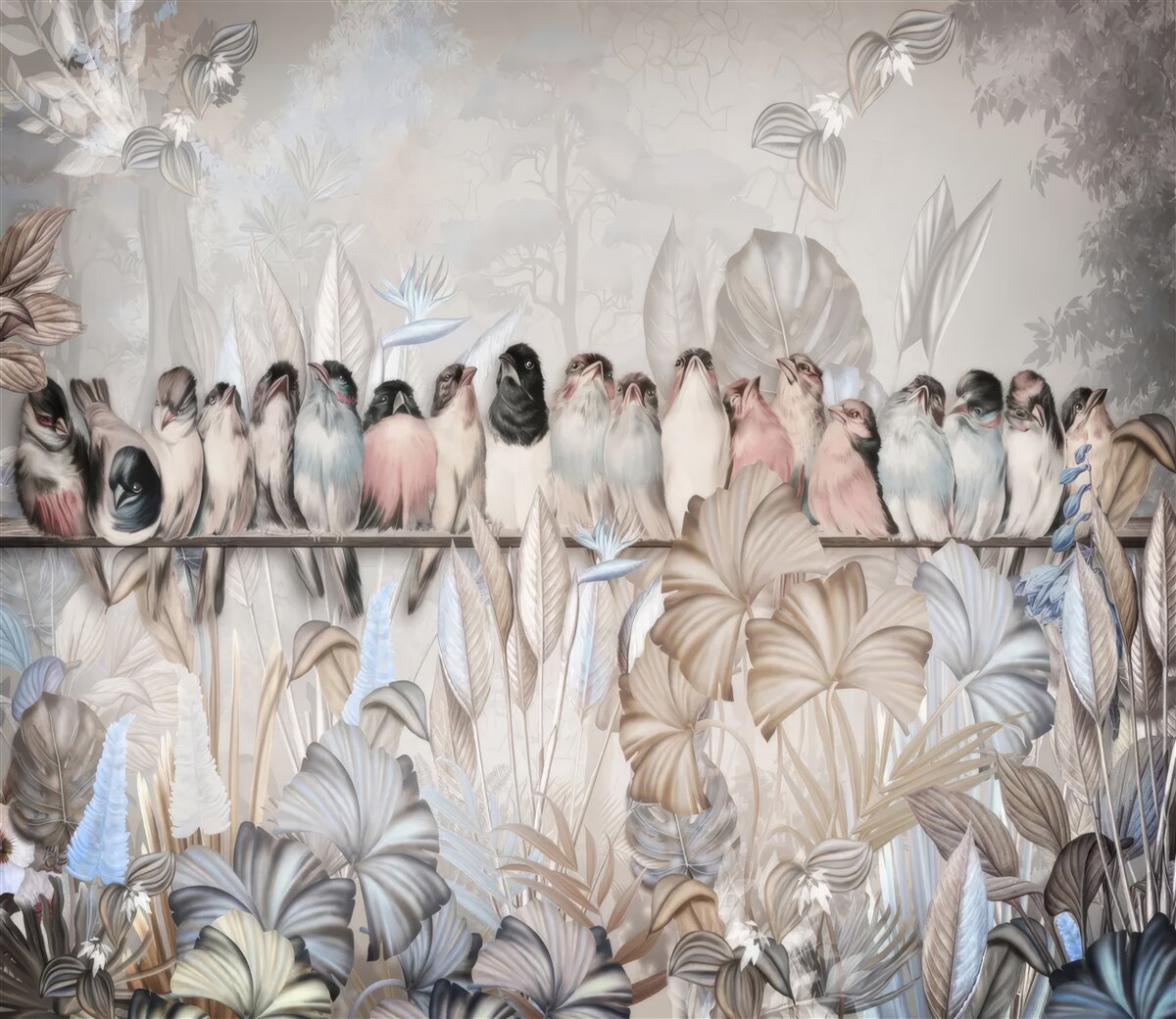 Fototapeta Veľa vtákov sedí na palici