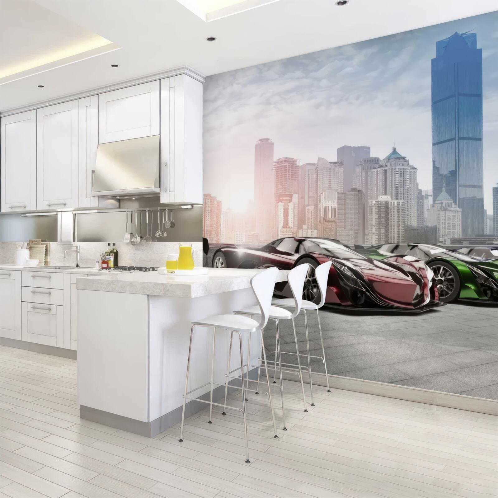 Fototapeta tri športové autá na pozadí veľkomesta