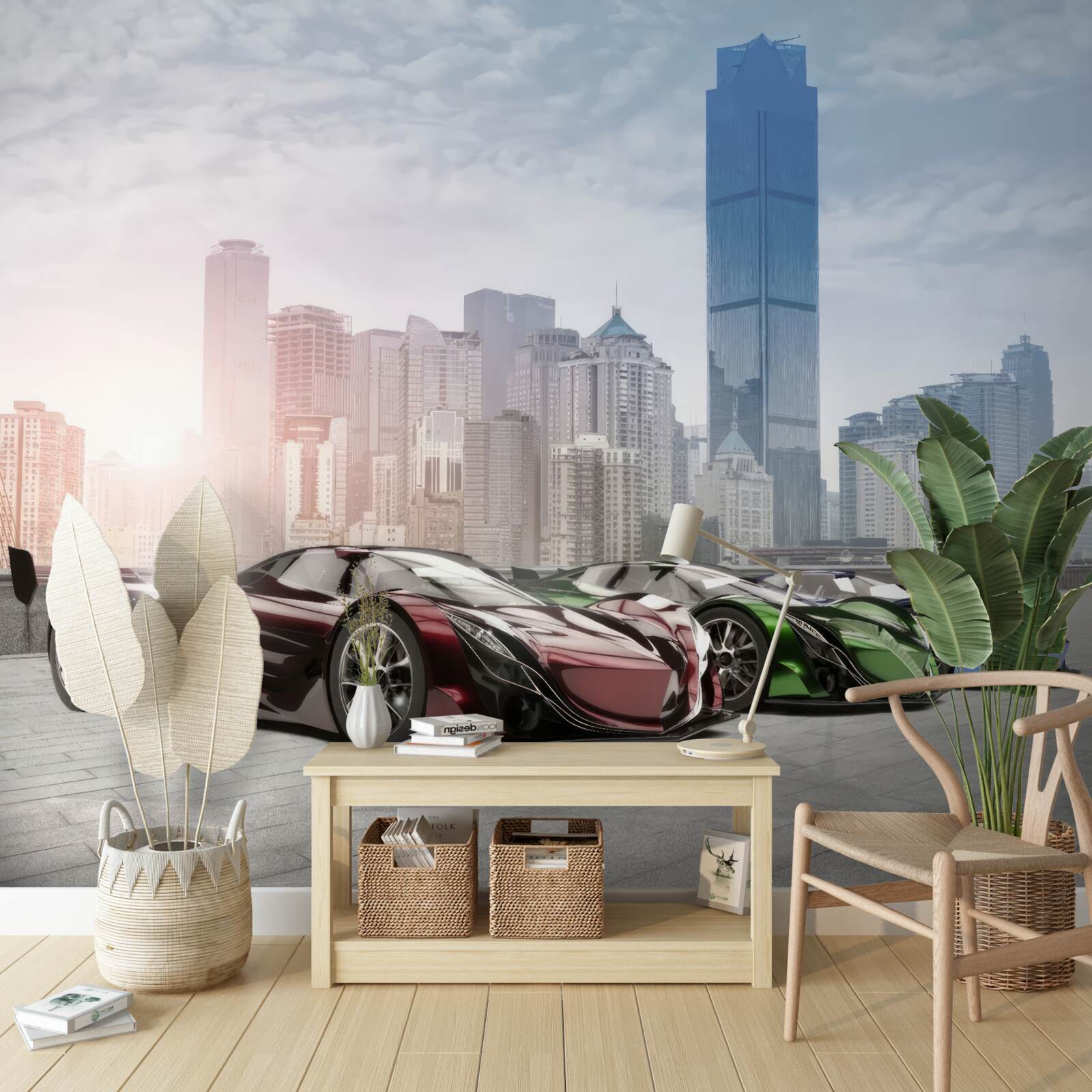 Fototapeta tri športové autá na pozadí veľkomesta