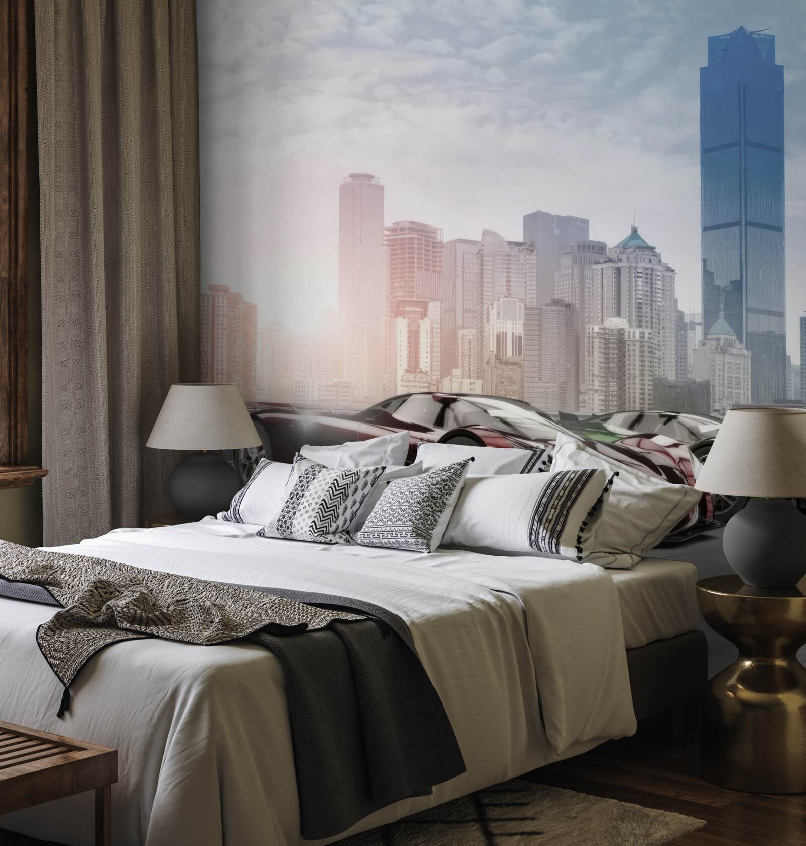 Fototapeta tri športové autá na pozadí veľkomesta