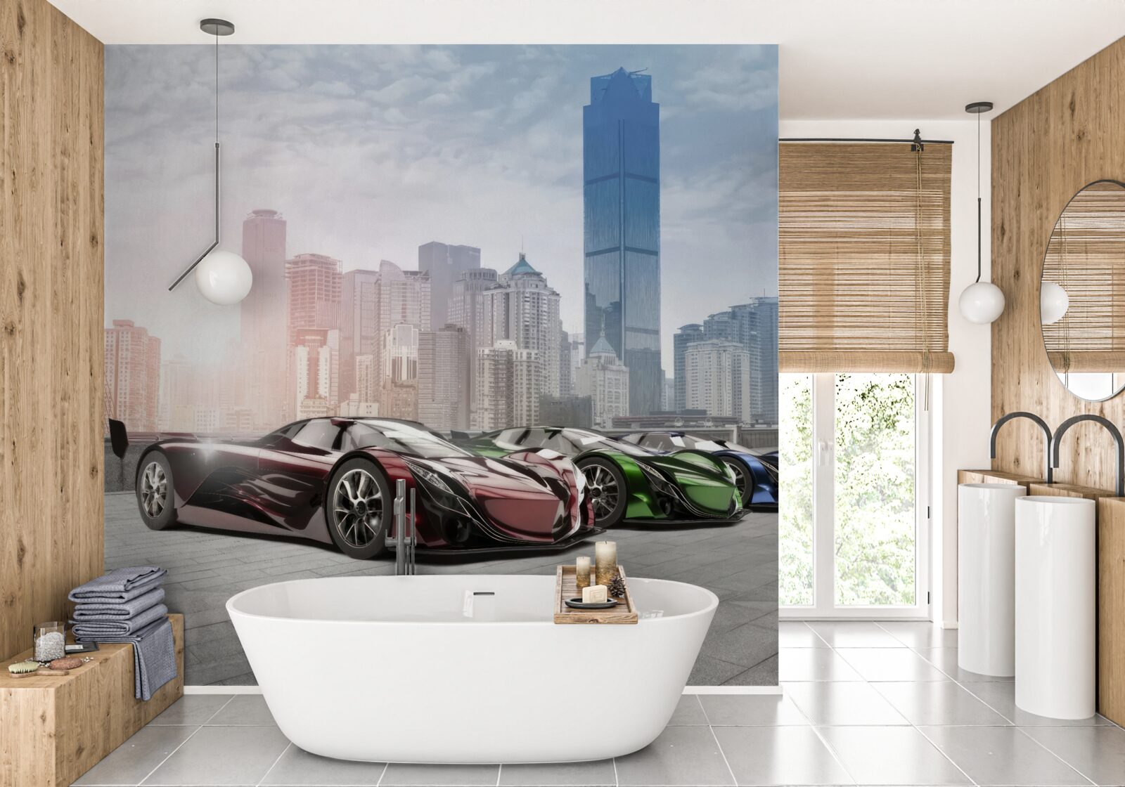 Fototapeta tri športové autá na pozadí veľkomesta