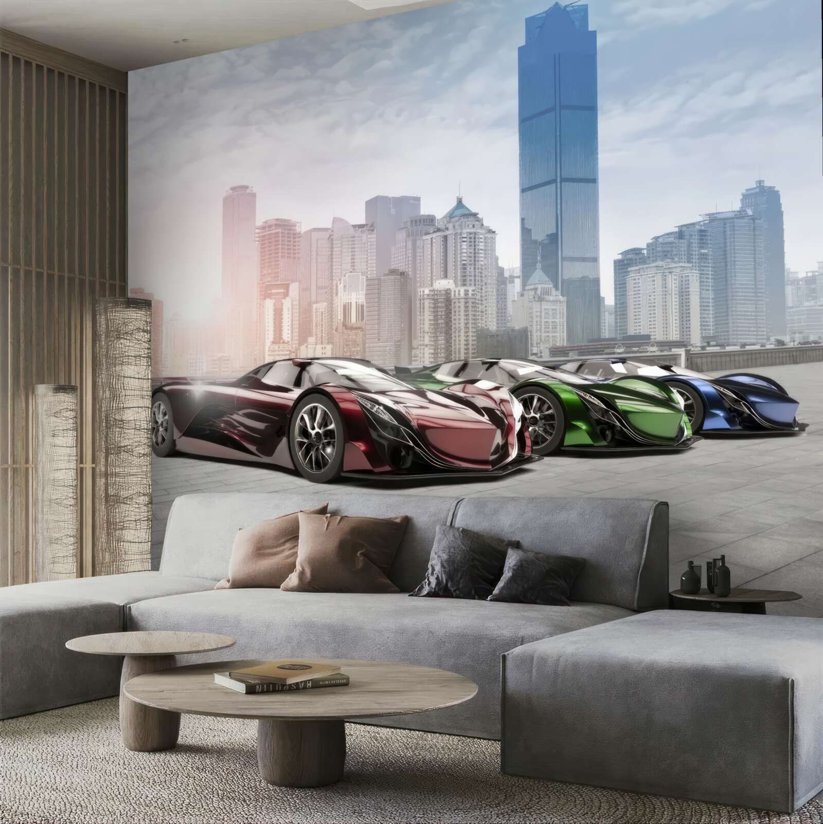 Fototapeta tri športové autá na pozadí veľkomesta