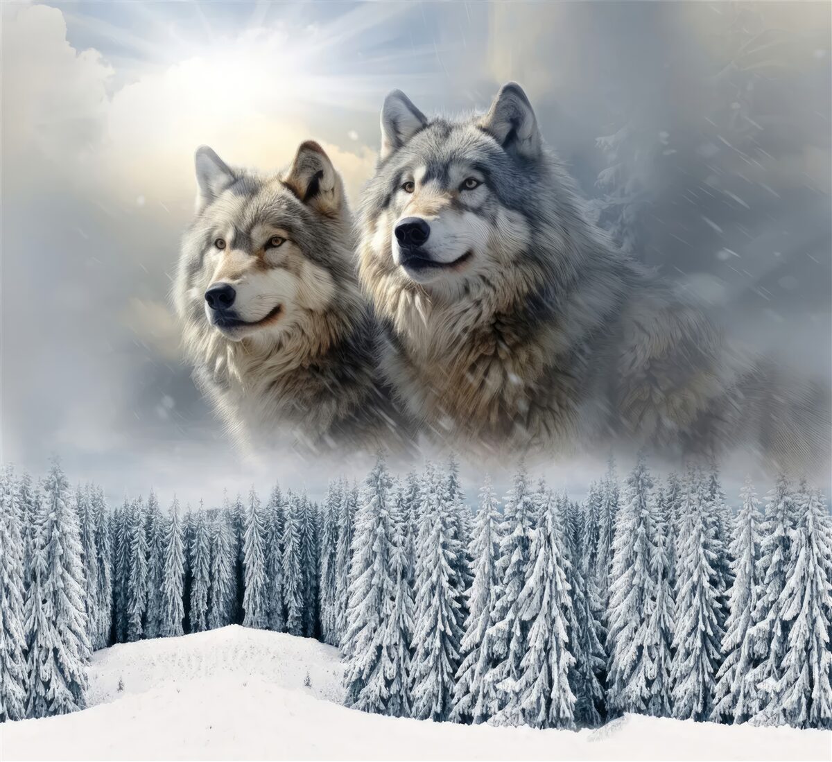 Fototapeta dvaja vlci na pozadí zasneženého lesa