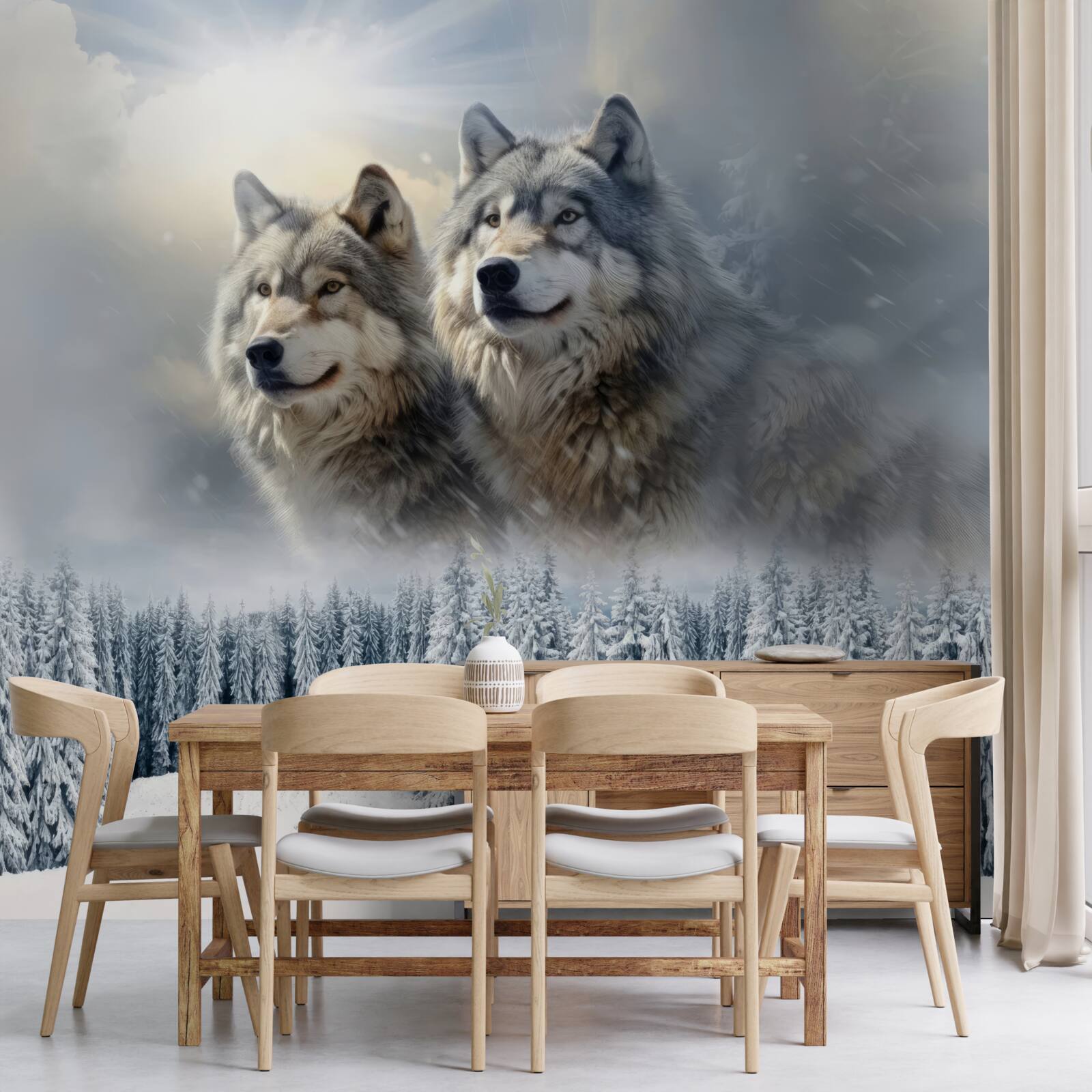 Fototapeta dvaja vlci na pozadí zasneženého lesa