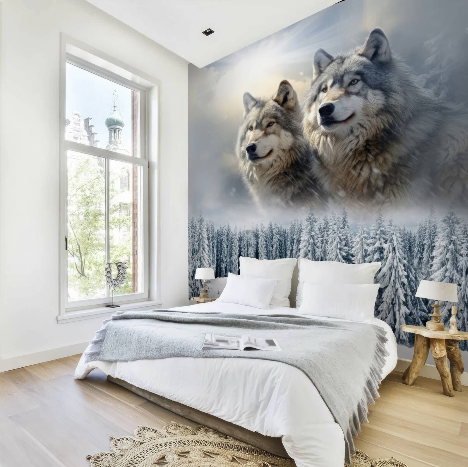 Fototapeta dvaja vlci na pozadí zasneženého lesa