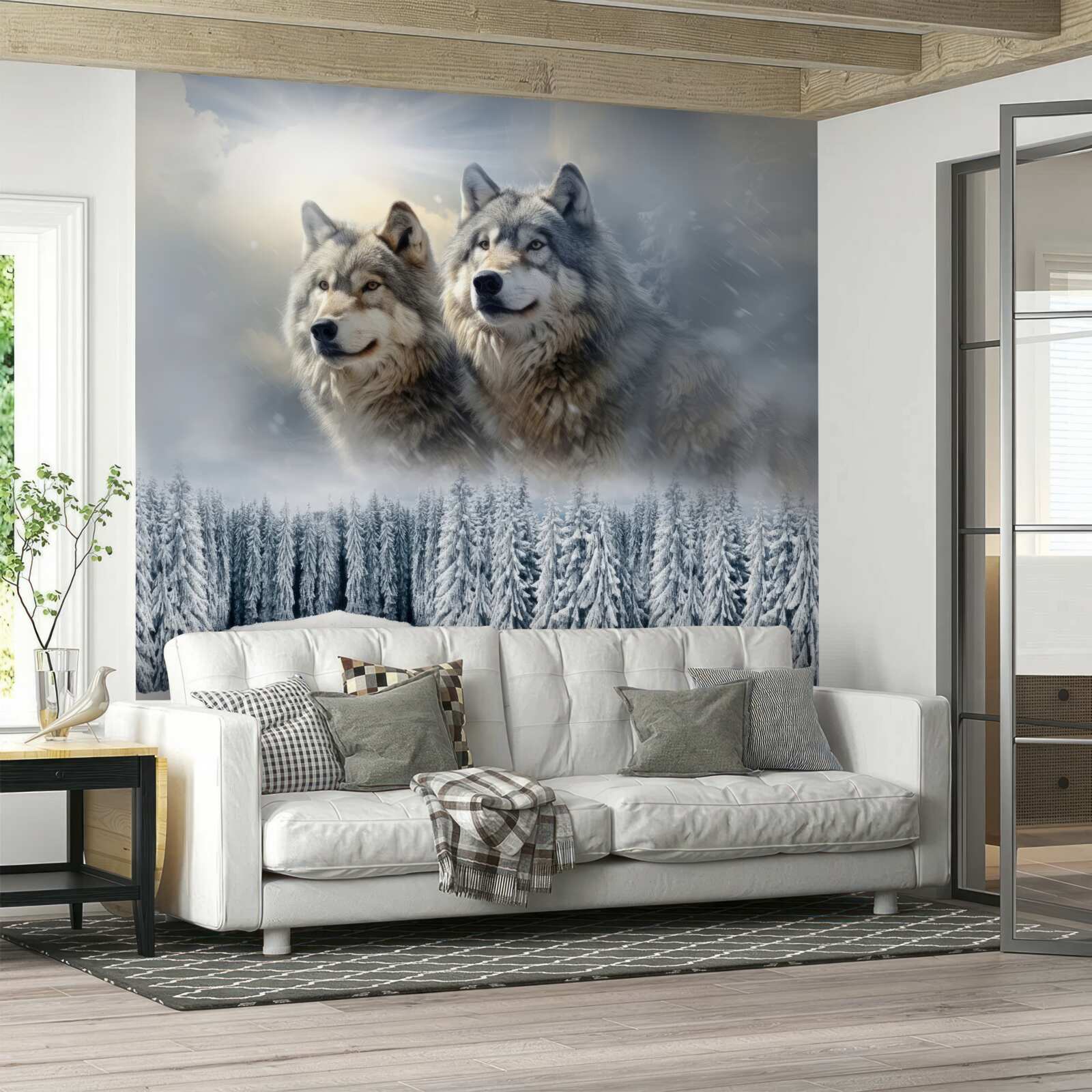 Fototapeta dvaja vlci na pozadí zasneženého lesa