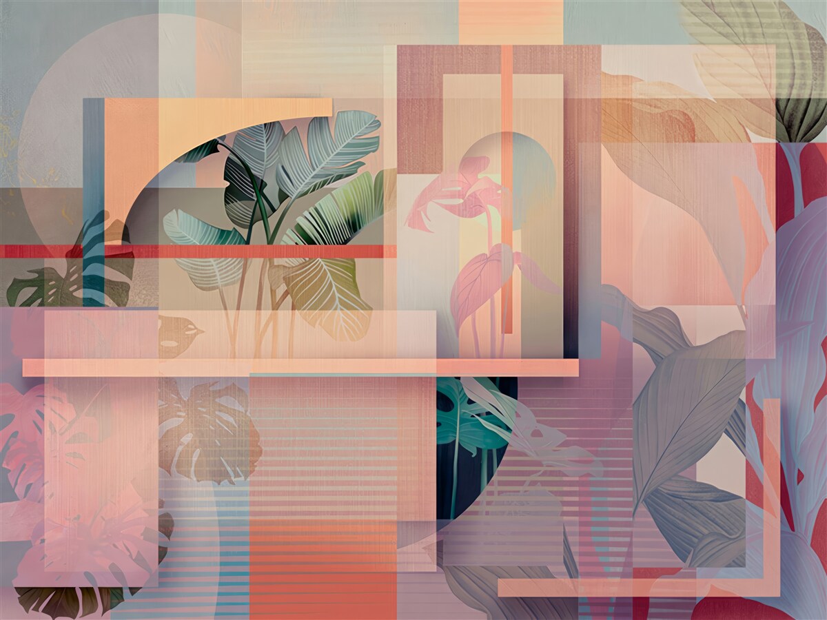 Fototapeta pozadie s vegetačnými prvkami a geometrickými tvarmi