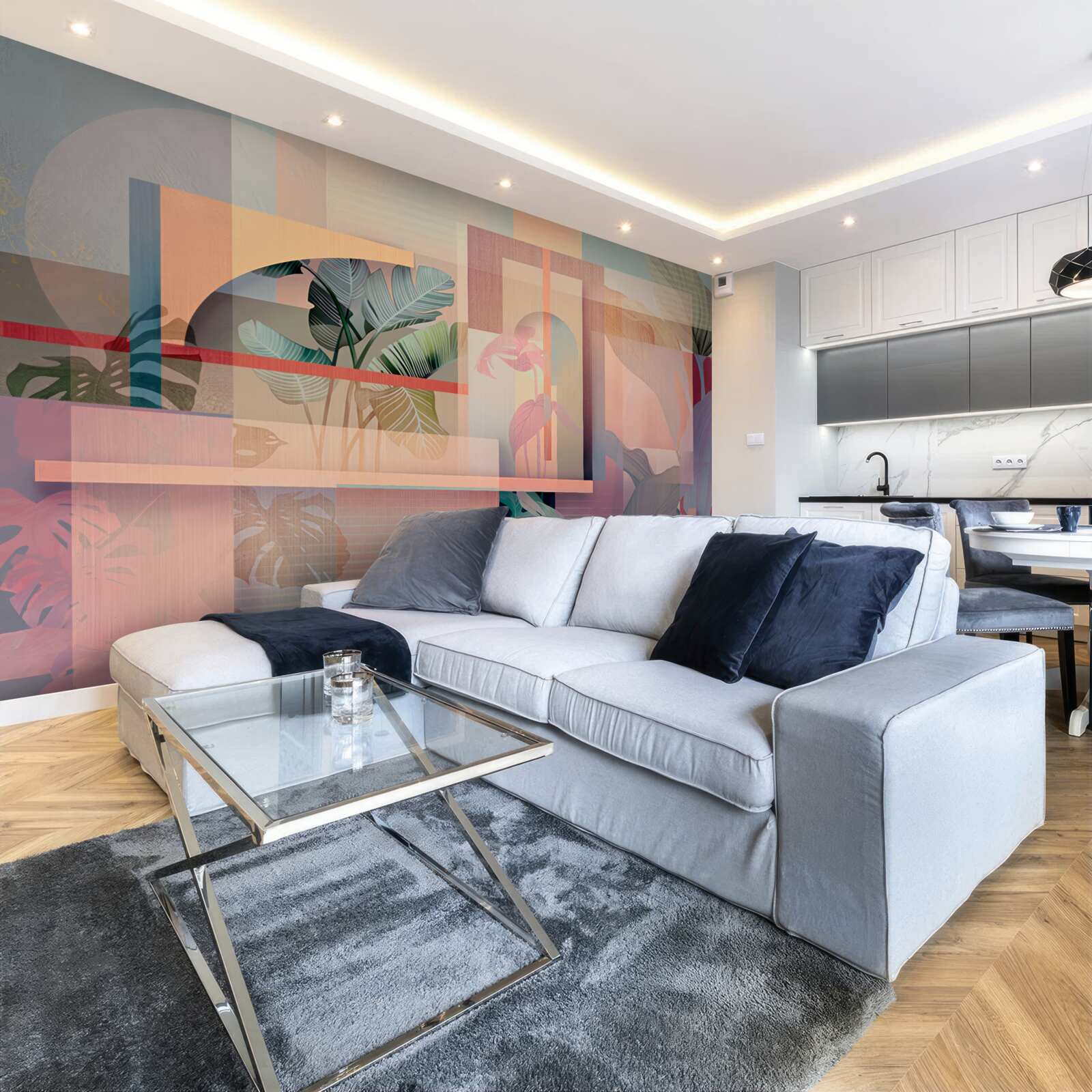 Fototapeta pozadie s vegetačnými prvkami a geometrickými tvarmi