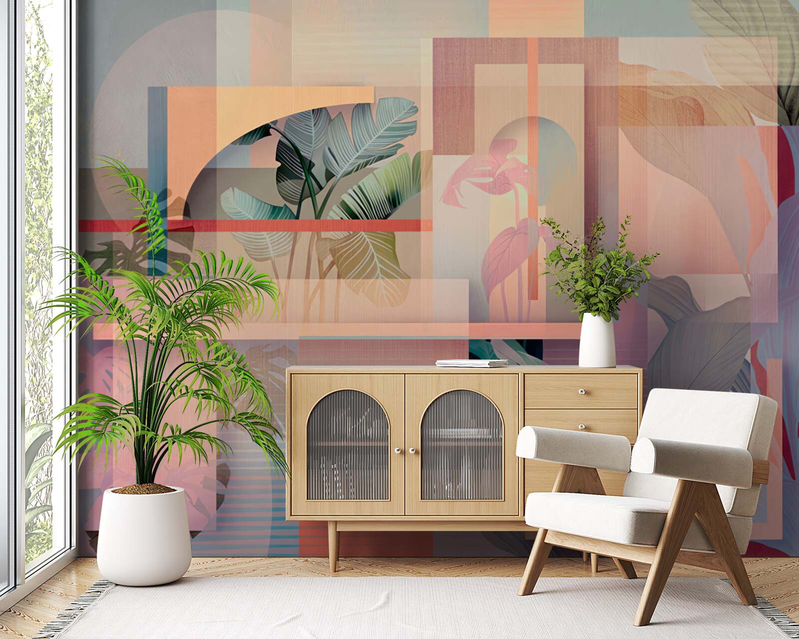 Fototapeta pozadie s vegetačnými prvkami a geometrickými tvarmi