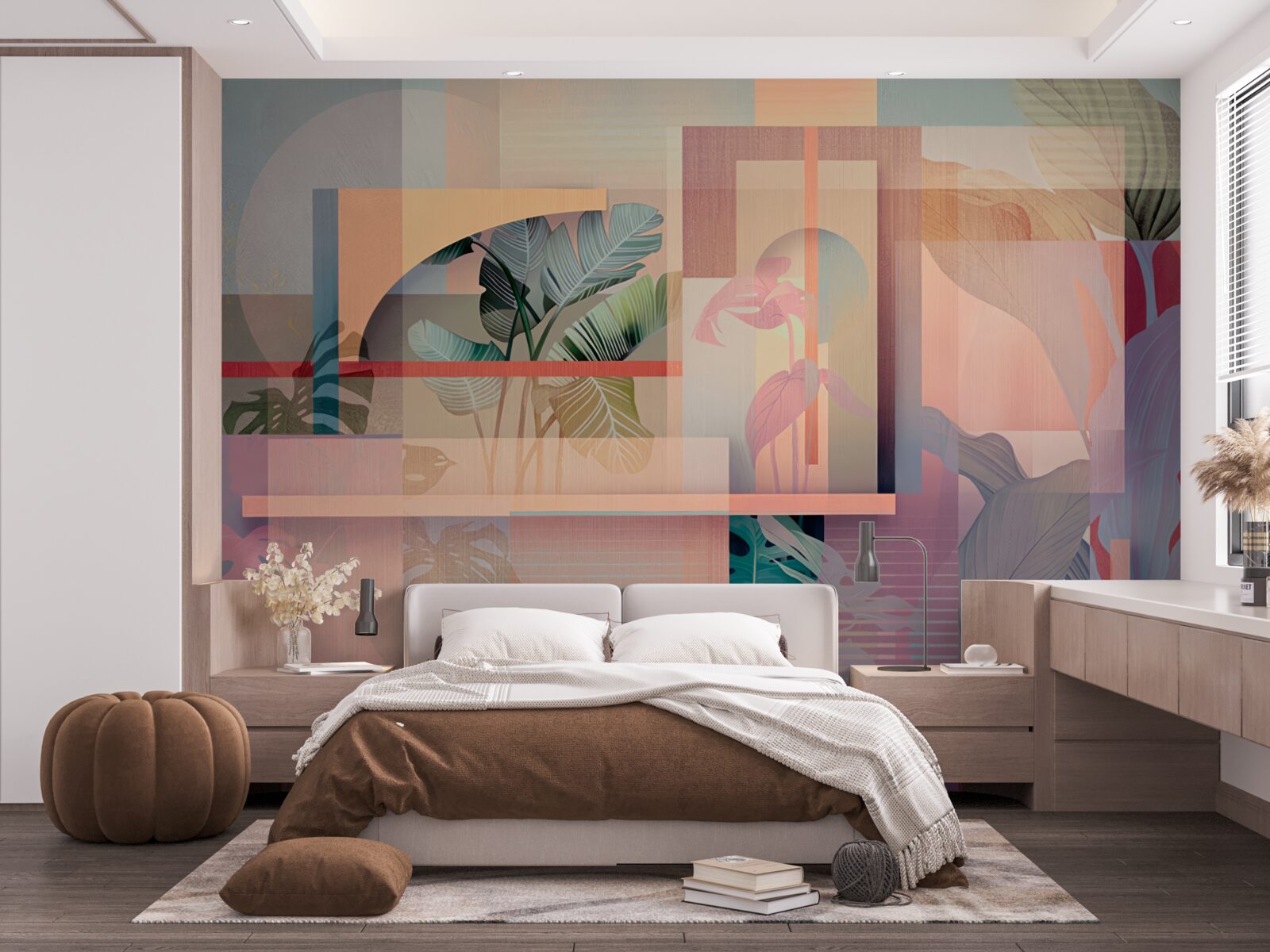 Fototapeta pozadie s vegetačnými prvkami a geometrickými tvarmi