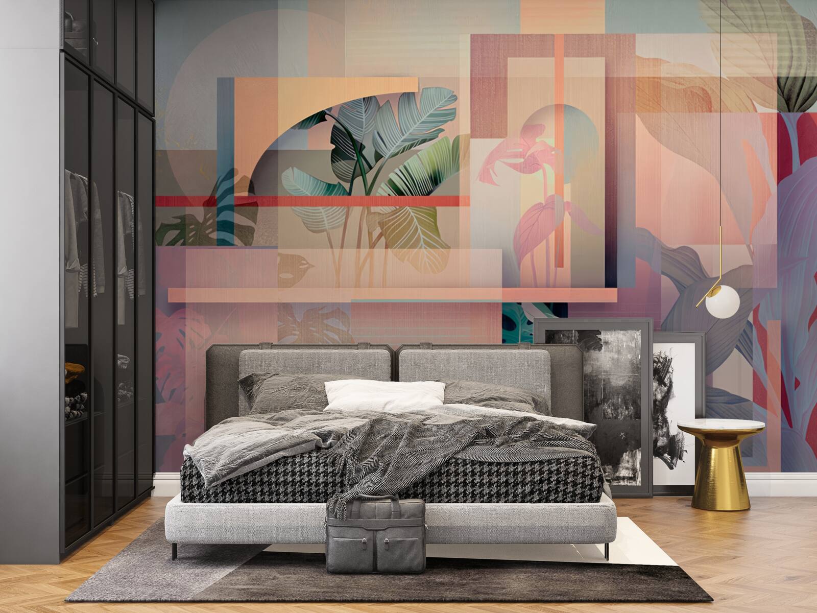 Fototapeta pozadie s vegetačnými prvkami a geometrickými tvarmi