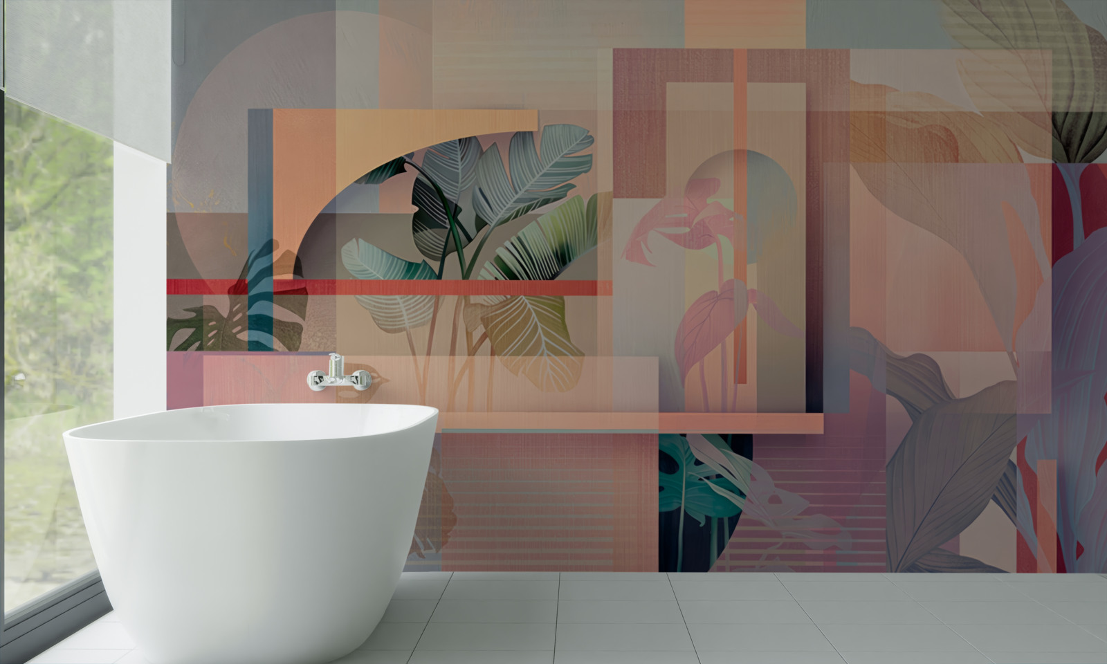 Fototapeta pozadie s vegetačnými prvkami a geometrickými tvarmi