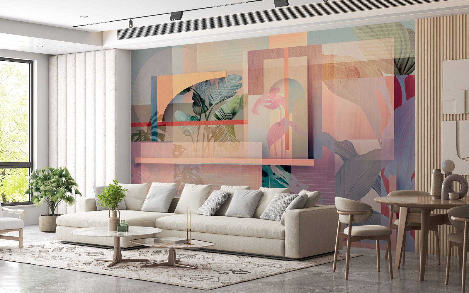 Fototapeta pozadie s vegetačnými prvkami a geometrickými tvarmi