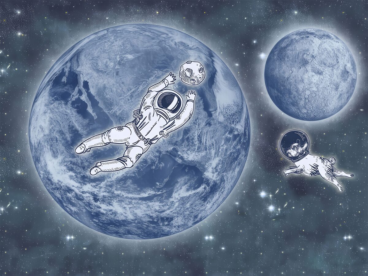 Fototapeta astronaut a pes leteli do vesmíru