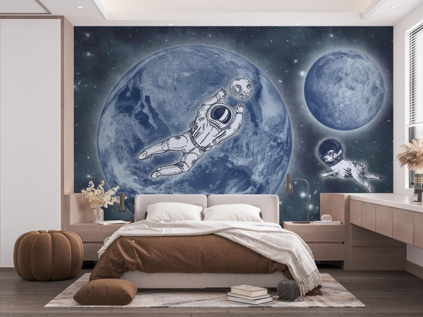 Fototapeta astronaut a pes leteli do vesmíru