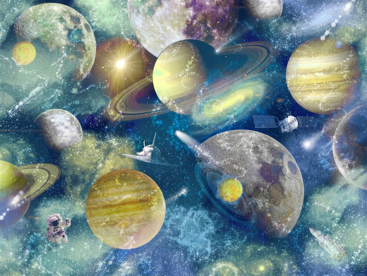 Fototapeta astronaut na pozadí rôznych planét vo vesmíre