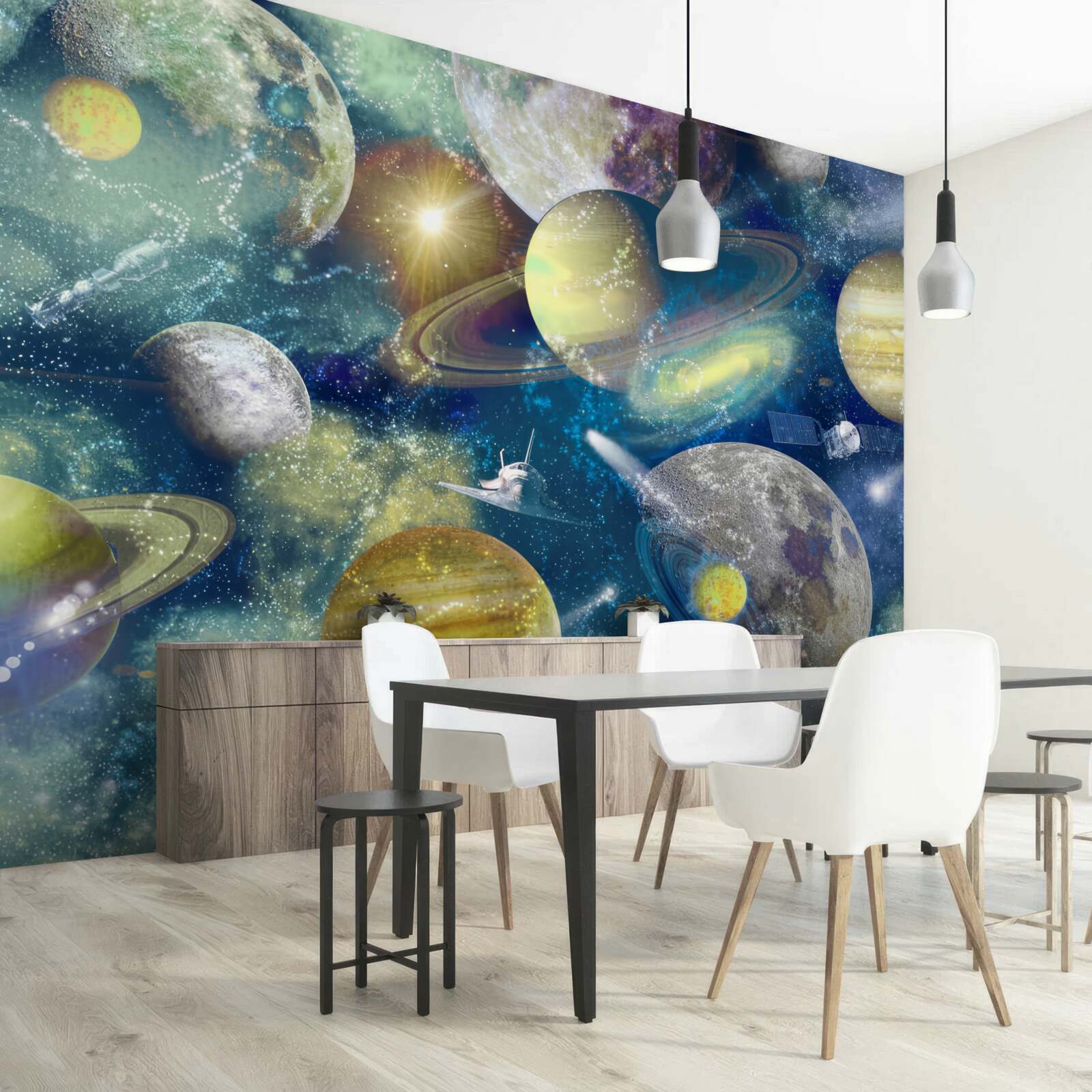 Fototapeta astronaut na pozadí rôznych planét vo vesmíre