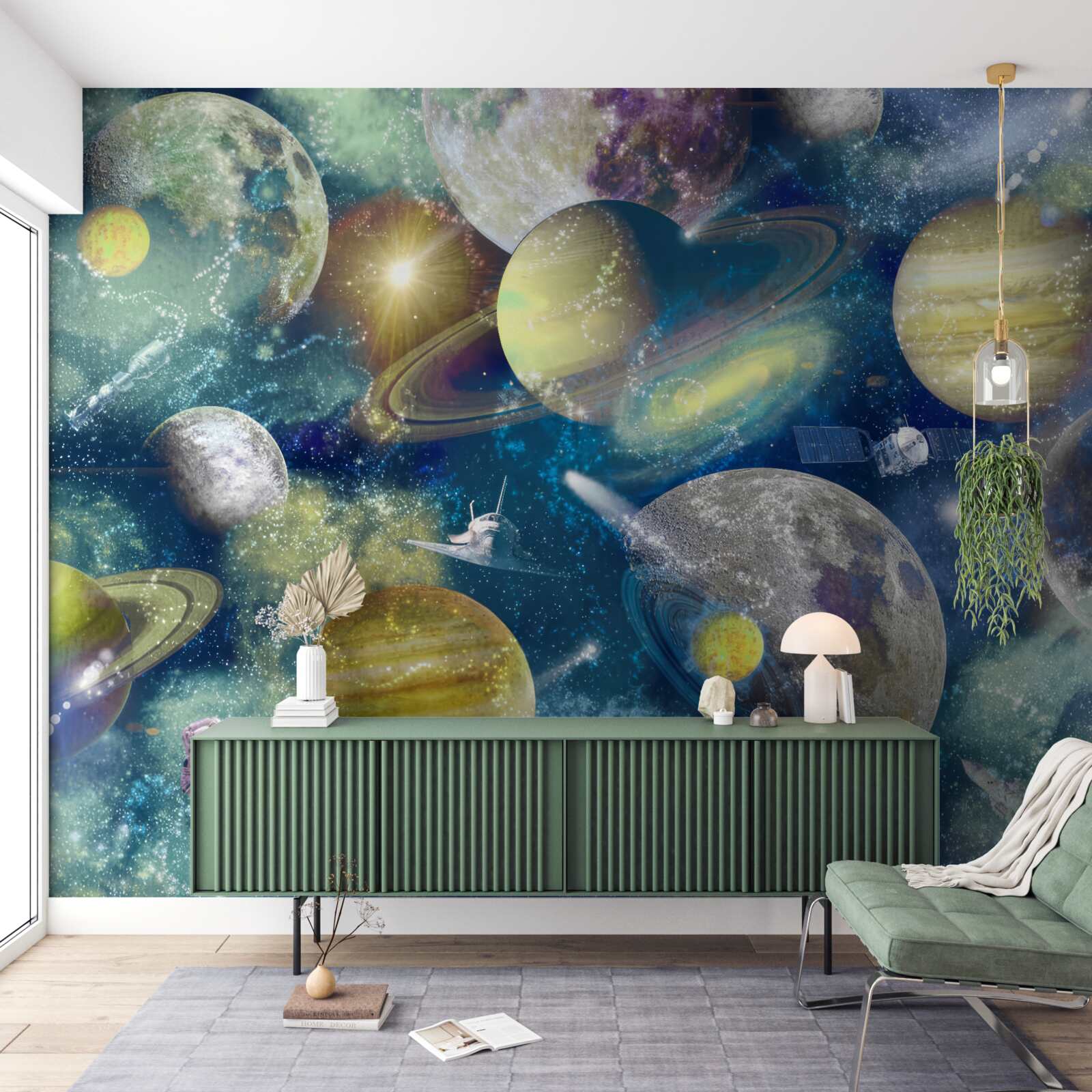 Fototapeta astronaut na pozadí rôznych planét vo vesmíre