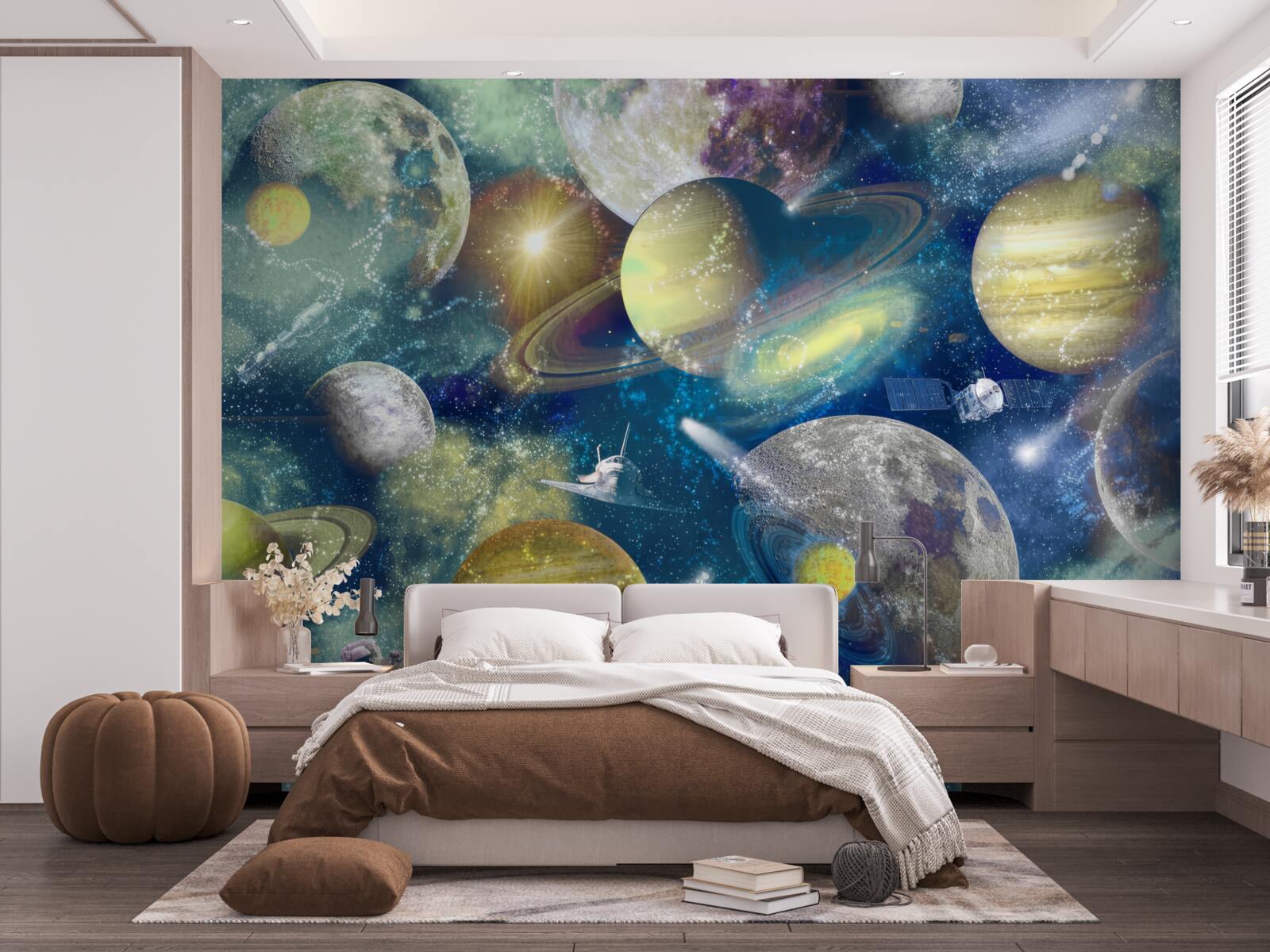 Fototapeta astronaut na pozadí rôznych planét vo vesmíre