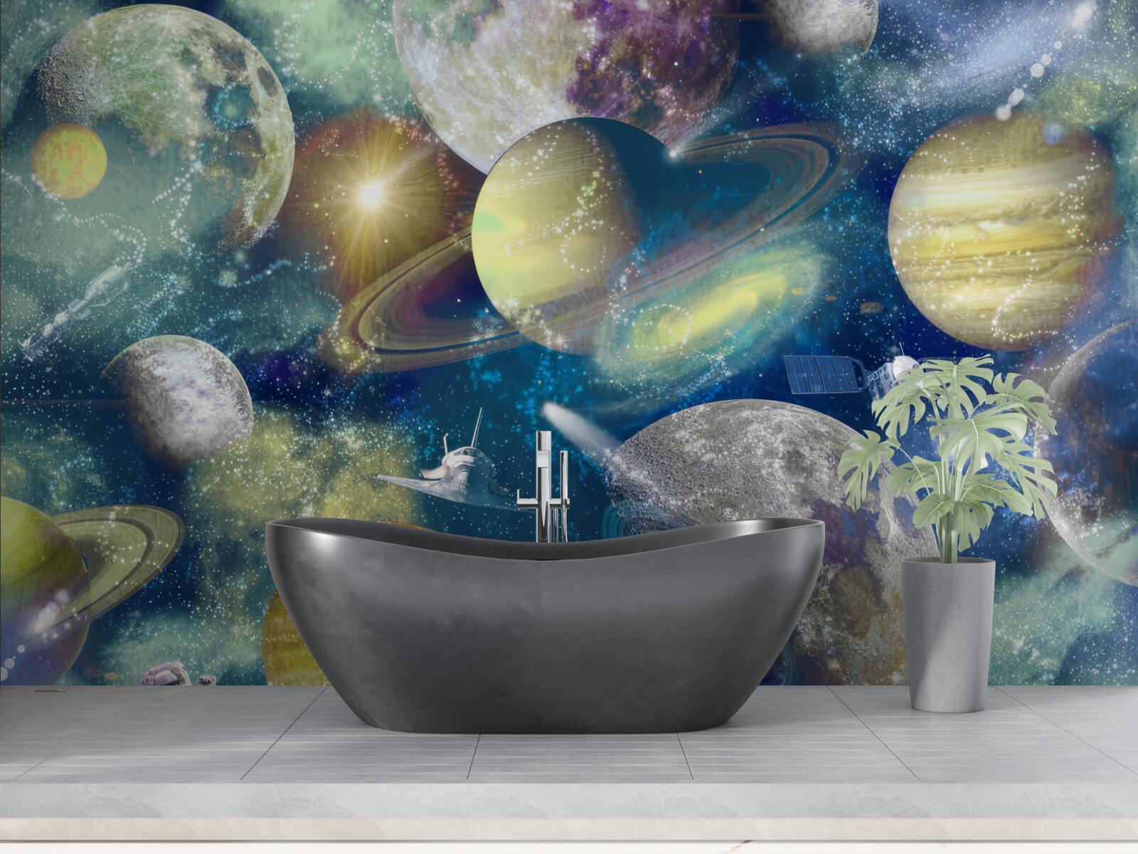 Fototapeta astronaut na pozadí rôznych planét vo vesmíre