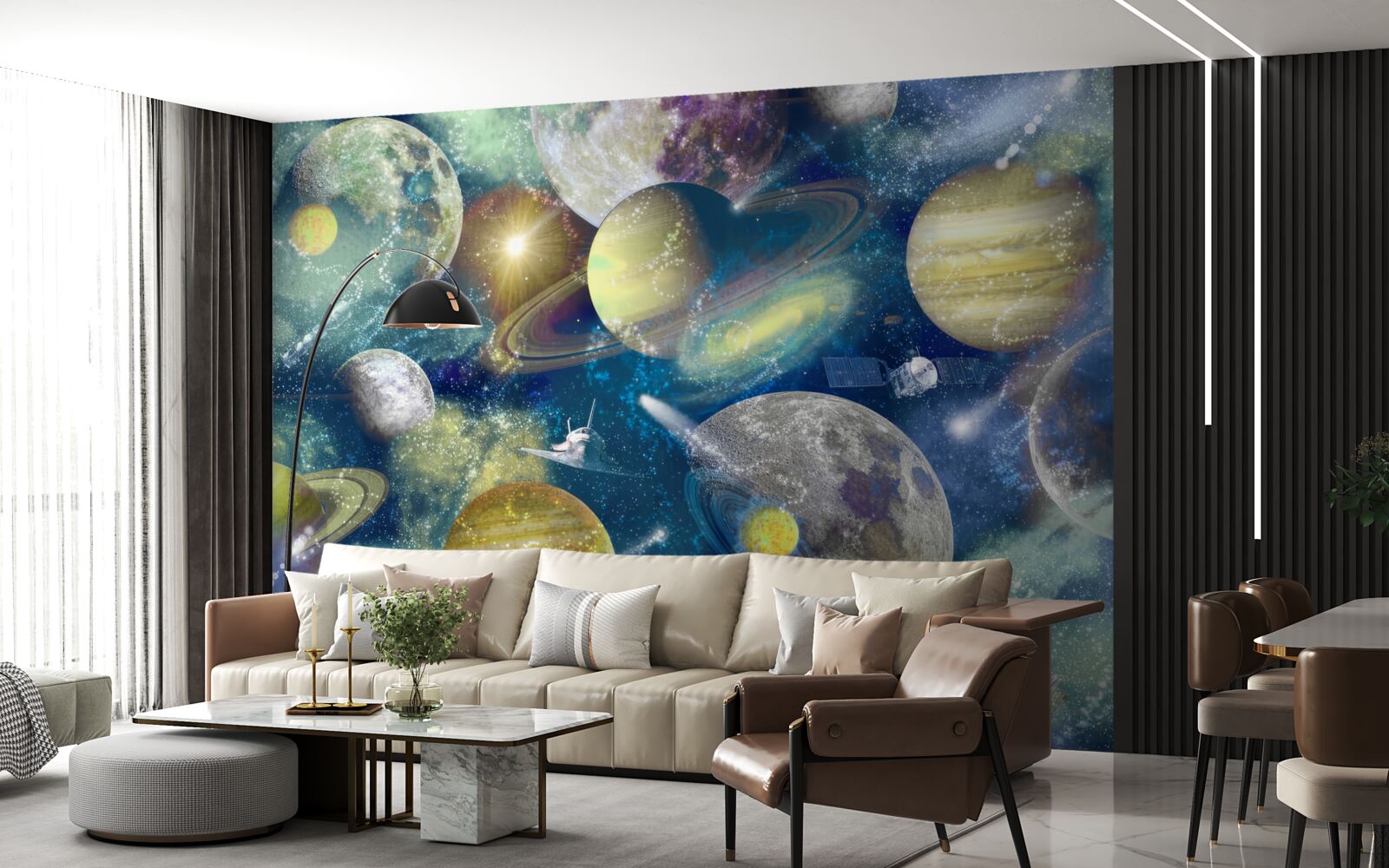 Fototapeta astronaut na pozadí rôznych planét vo vesmíre