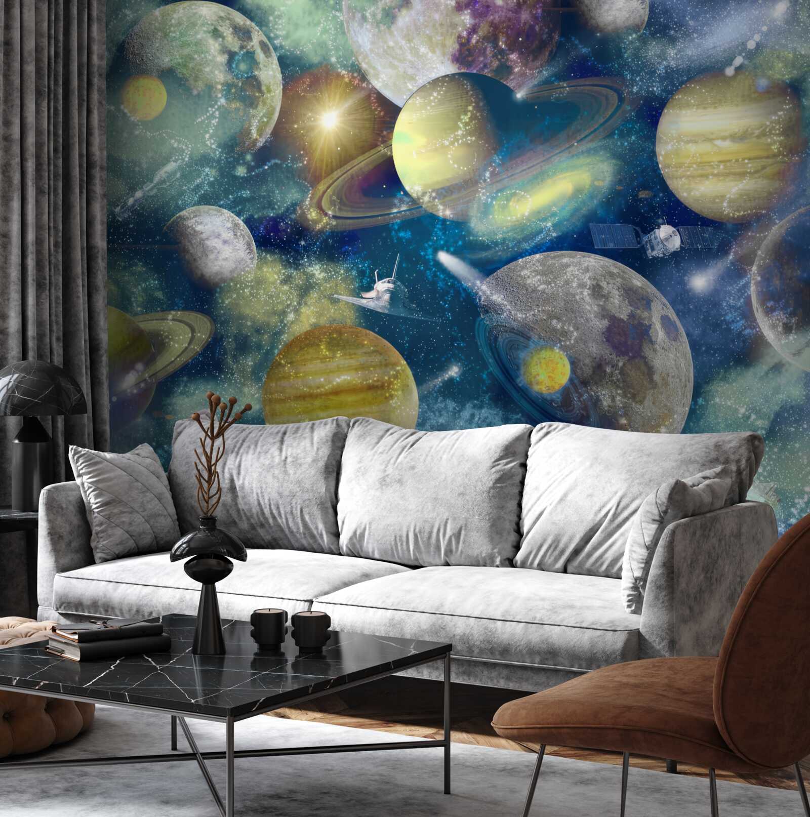 Fototapeta astronaut na pozadí rôznych planét vo vesmíre