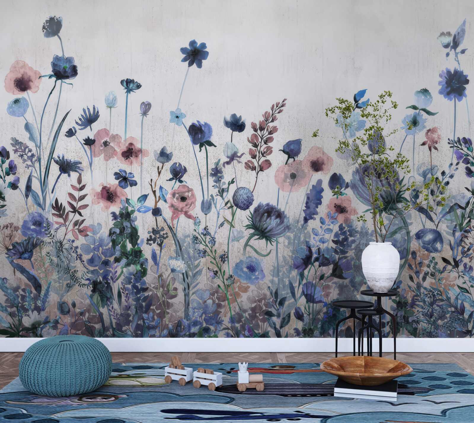 Fototapeta rastliny a kvety v odtieňoch modrej a ružovej