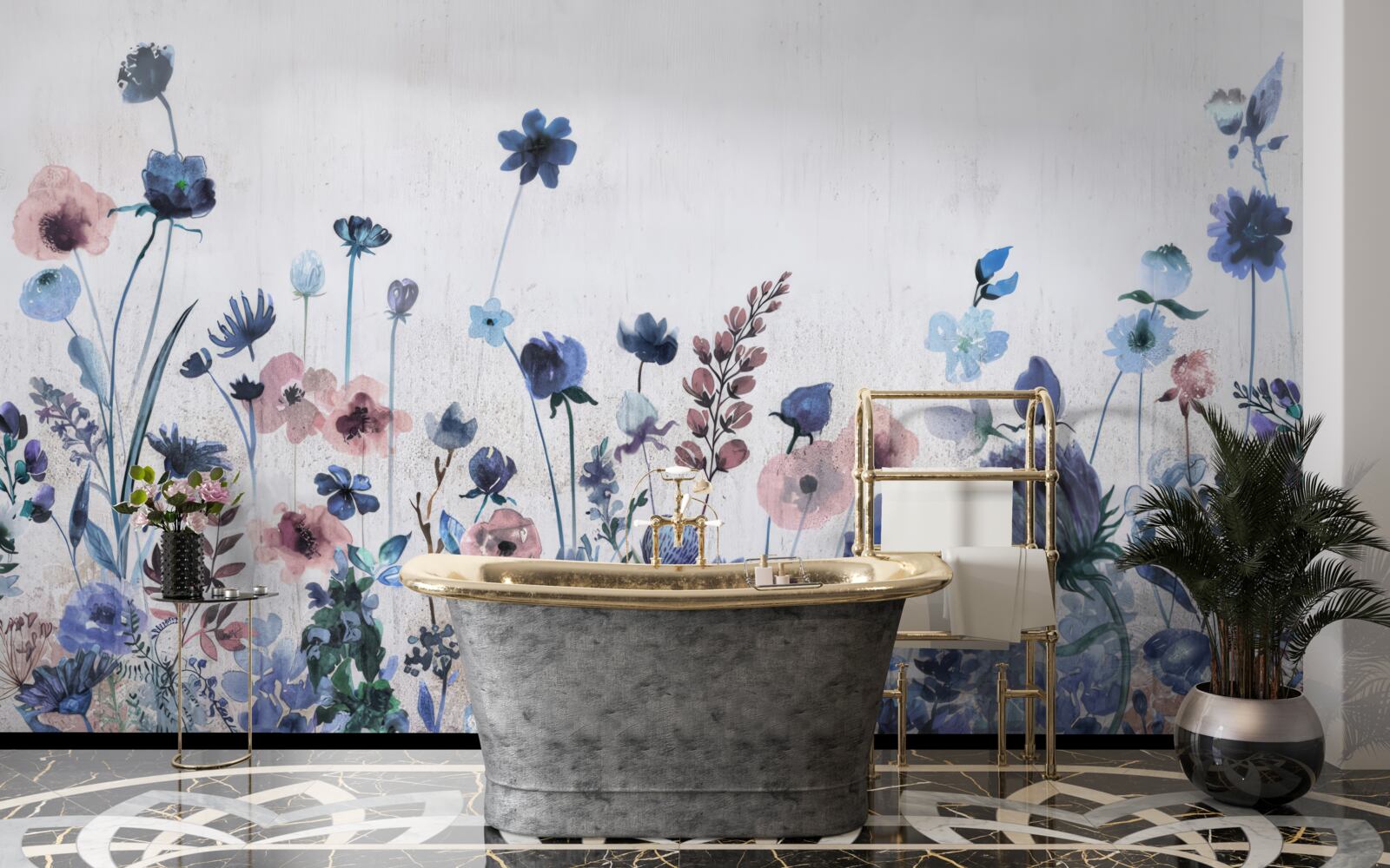 Fototapeta rastliny a kvety v odtieňoch modrej a ružovej