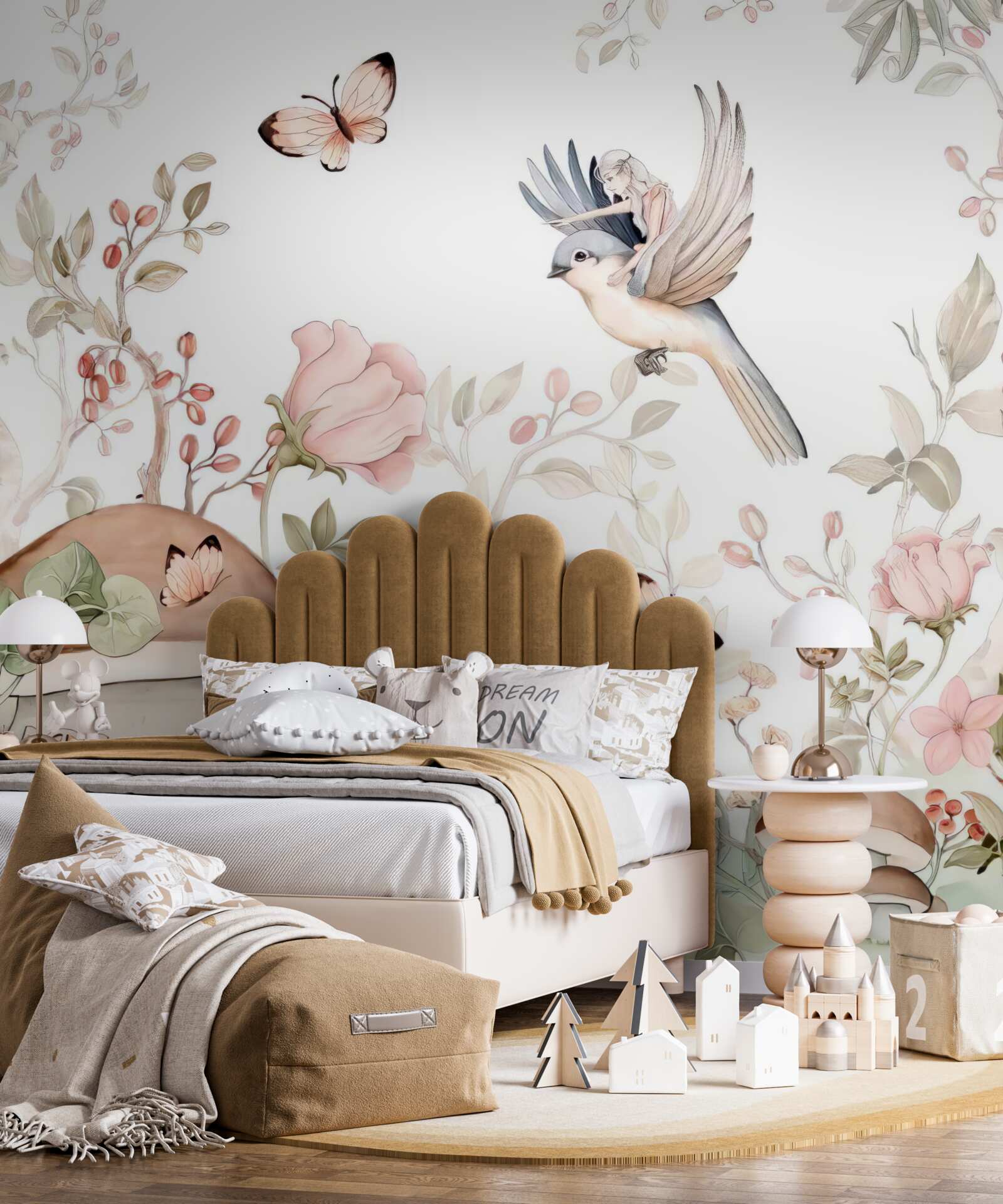 Fototapeta dievča sediace na vtákovi ukazuje prstom na dom