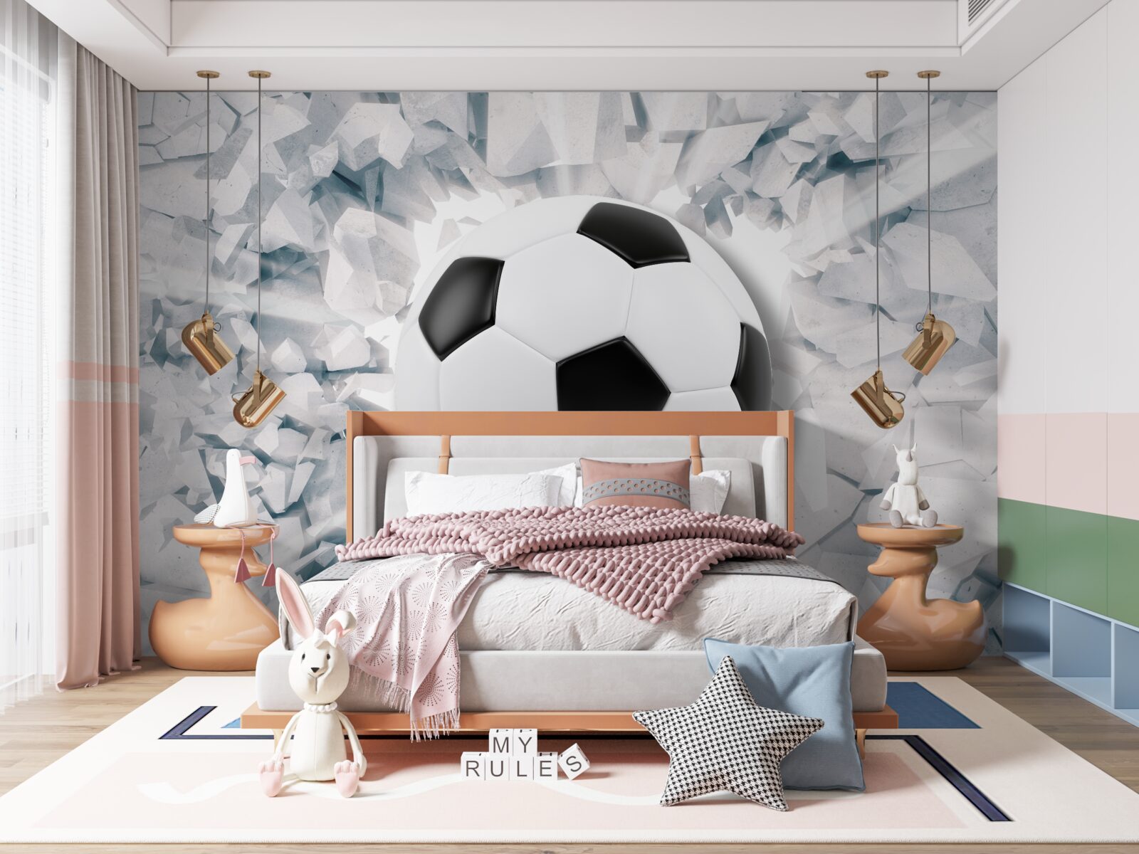 Fototapeta abstraktná scéna: futbalová lopta preráža stenu