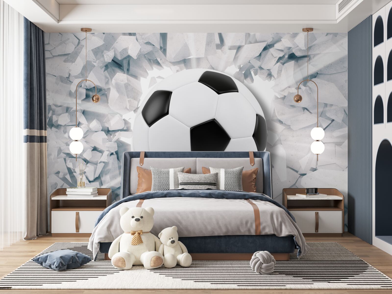 Fototapeta abstraktná scéna: futbalová lopta preráža stenu