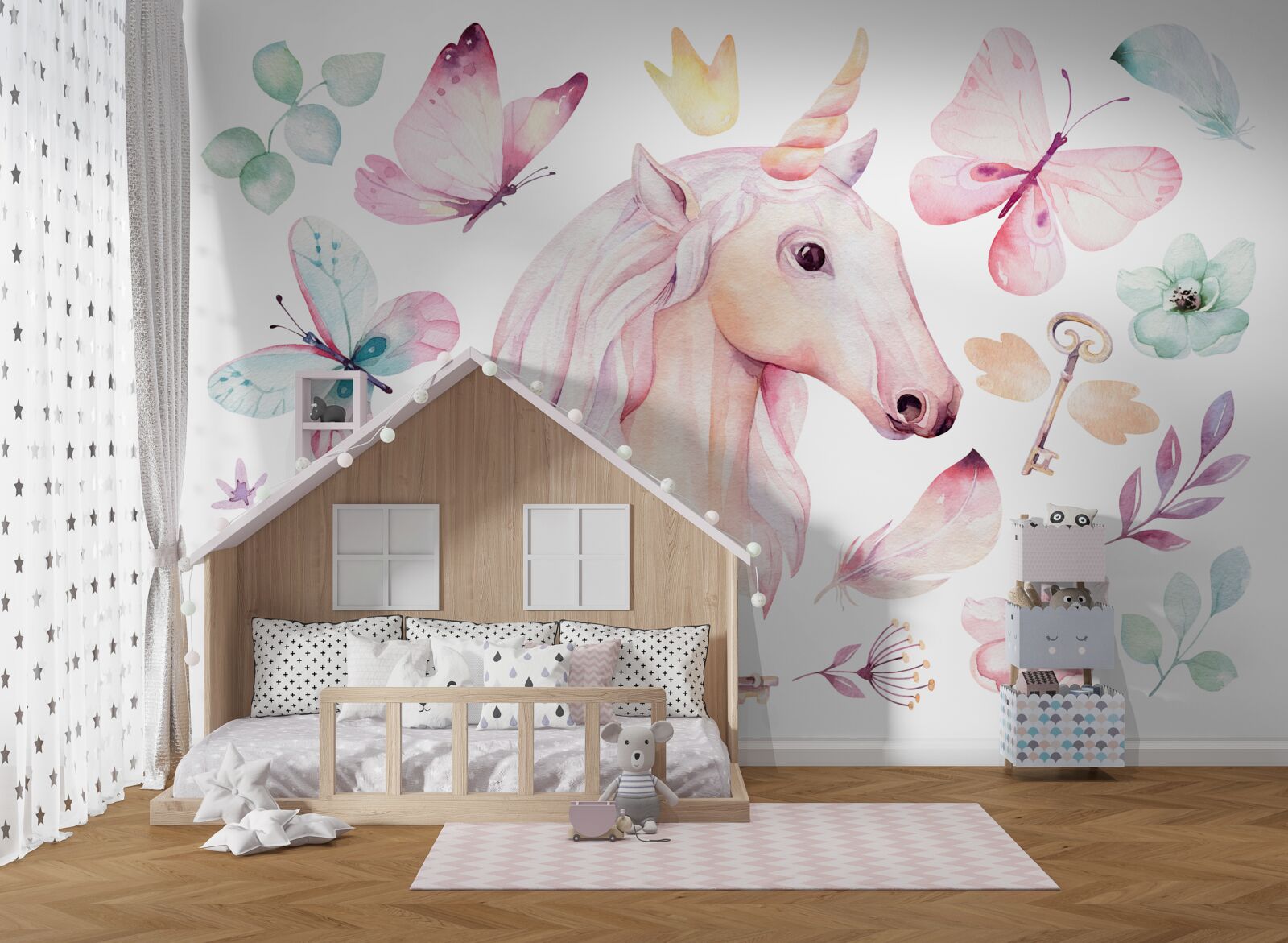 Fototapeta jednorožec obklopený motýľmi a kľúčmi