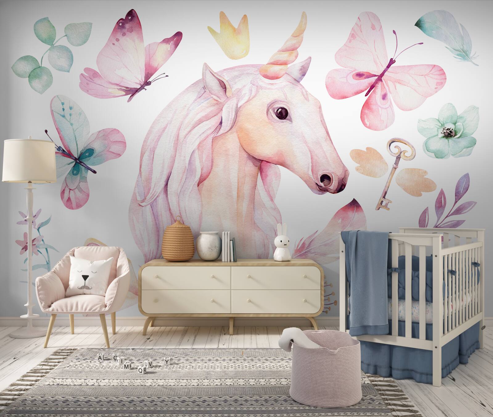 Fototapeta jednorožec obklopený motýľmi a kľúčmi