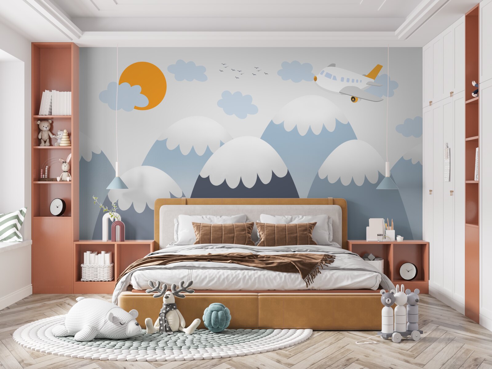 Fototapeta lietajúce lietadlo smeruje k slnku cez vrcholky hôr