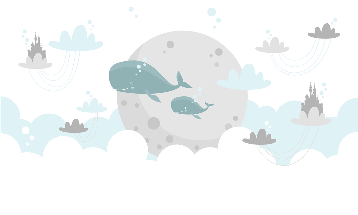 Fototapeta v oblakoch pláva rodinka veľrýb