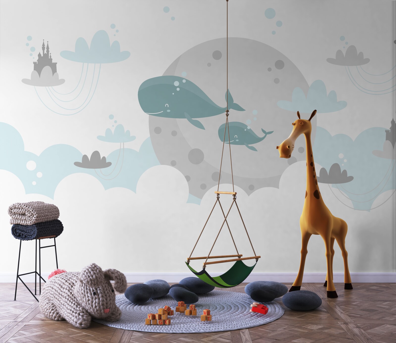 Fototapeta v oblakoch pláva rodinka veľrýb