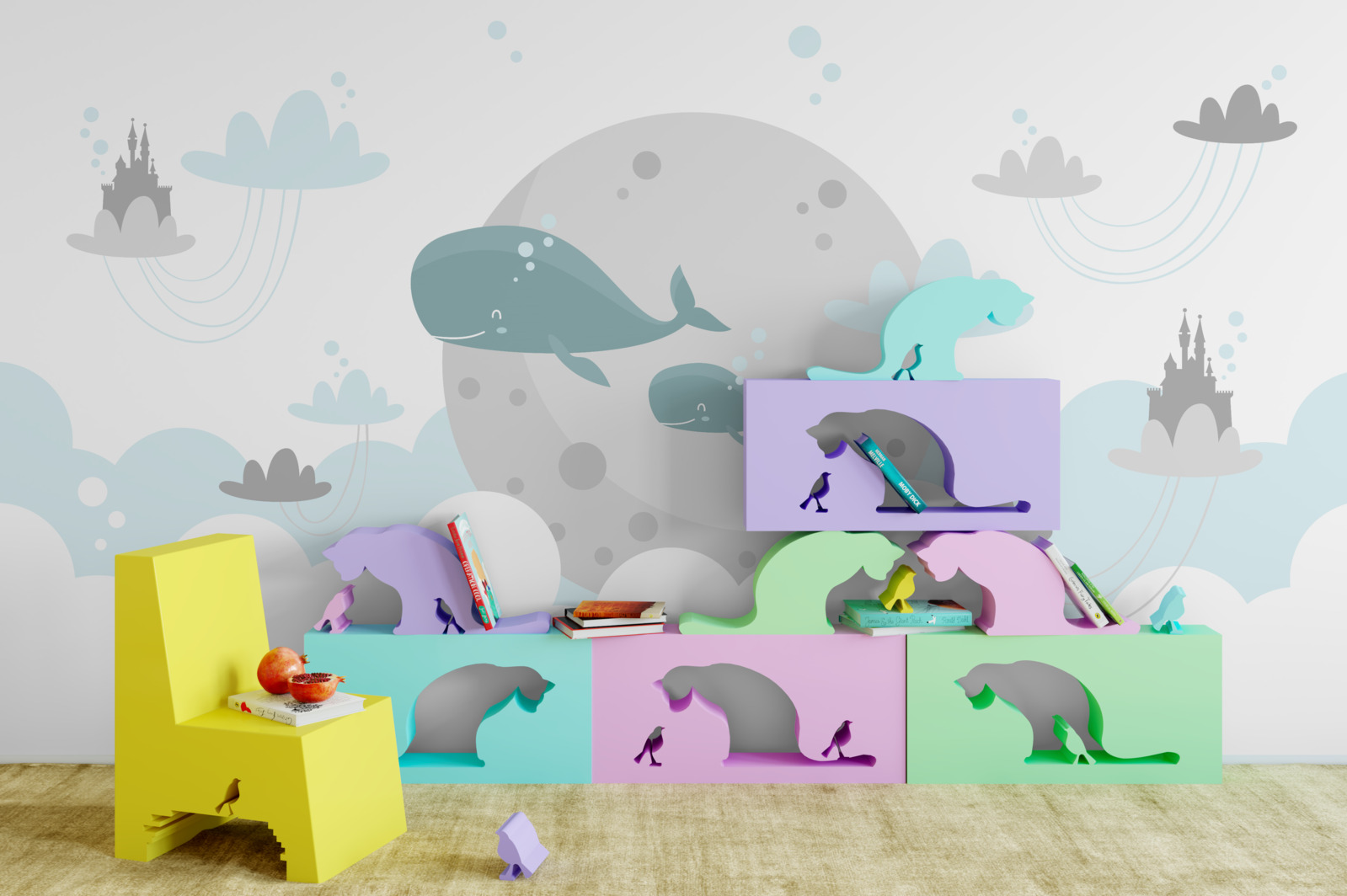 Fototapeta v oblakoch pláva rodinka veľrýb