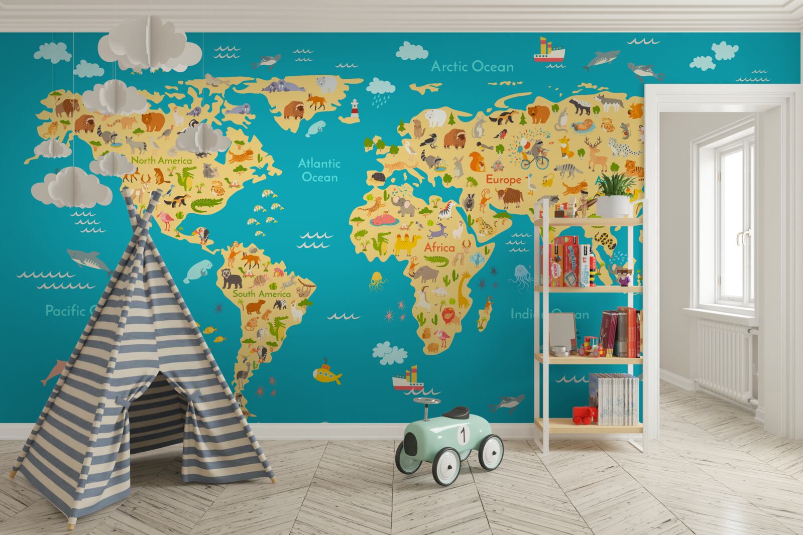 Fototapeta mapa sveta s fotografiami fauny a miestnych obyvateľov