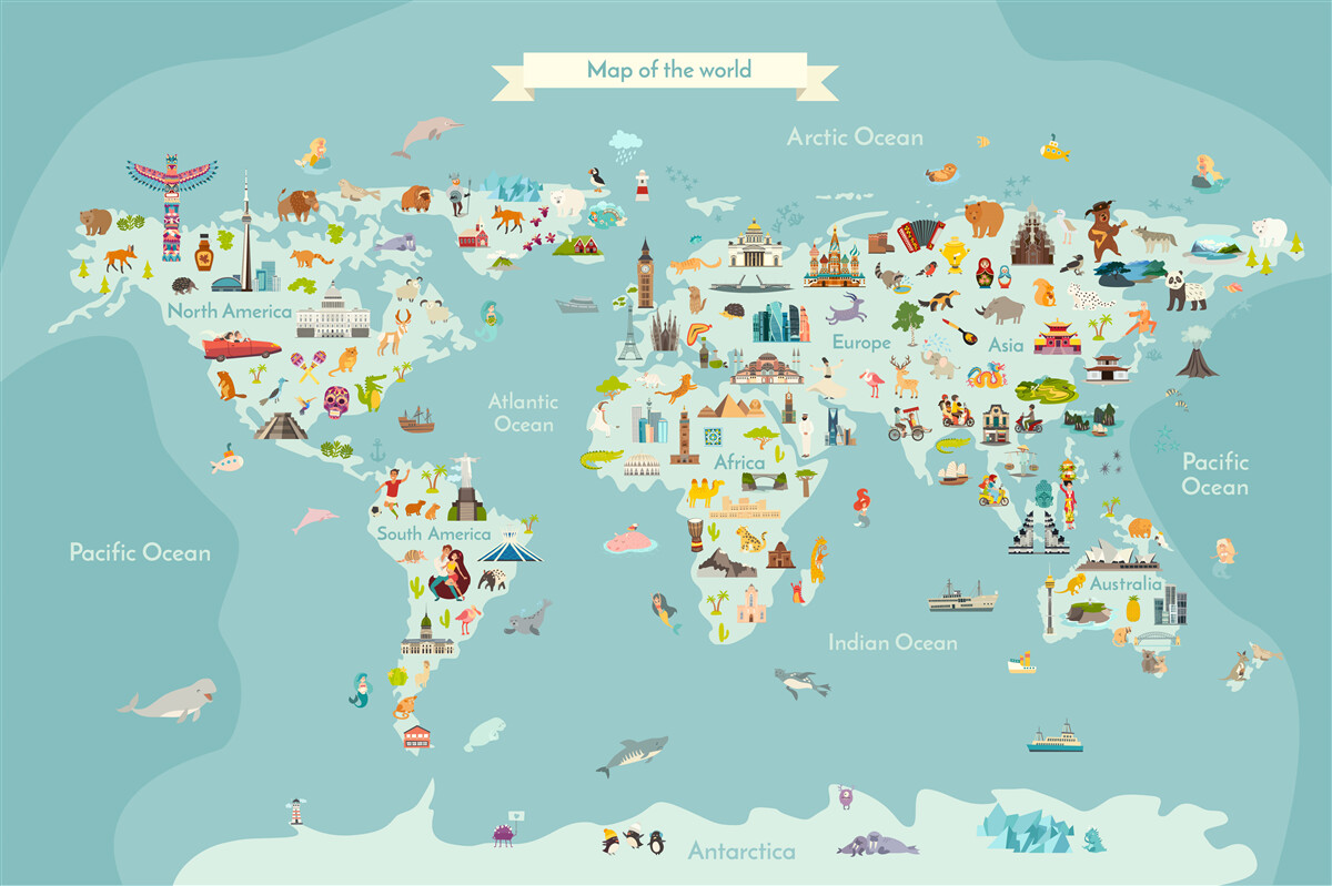 Fototapeta mapa sveta s vyznačenými orientačnými bodmi