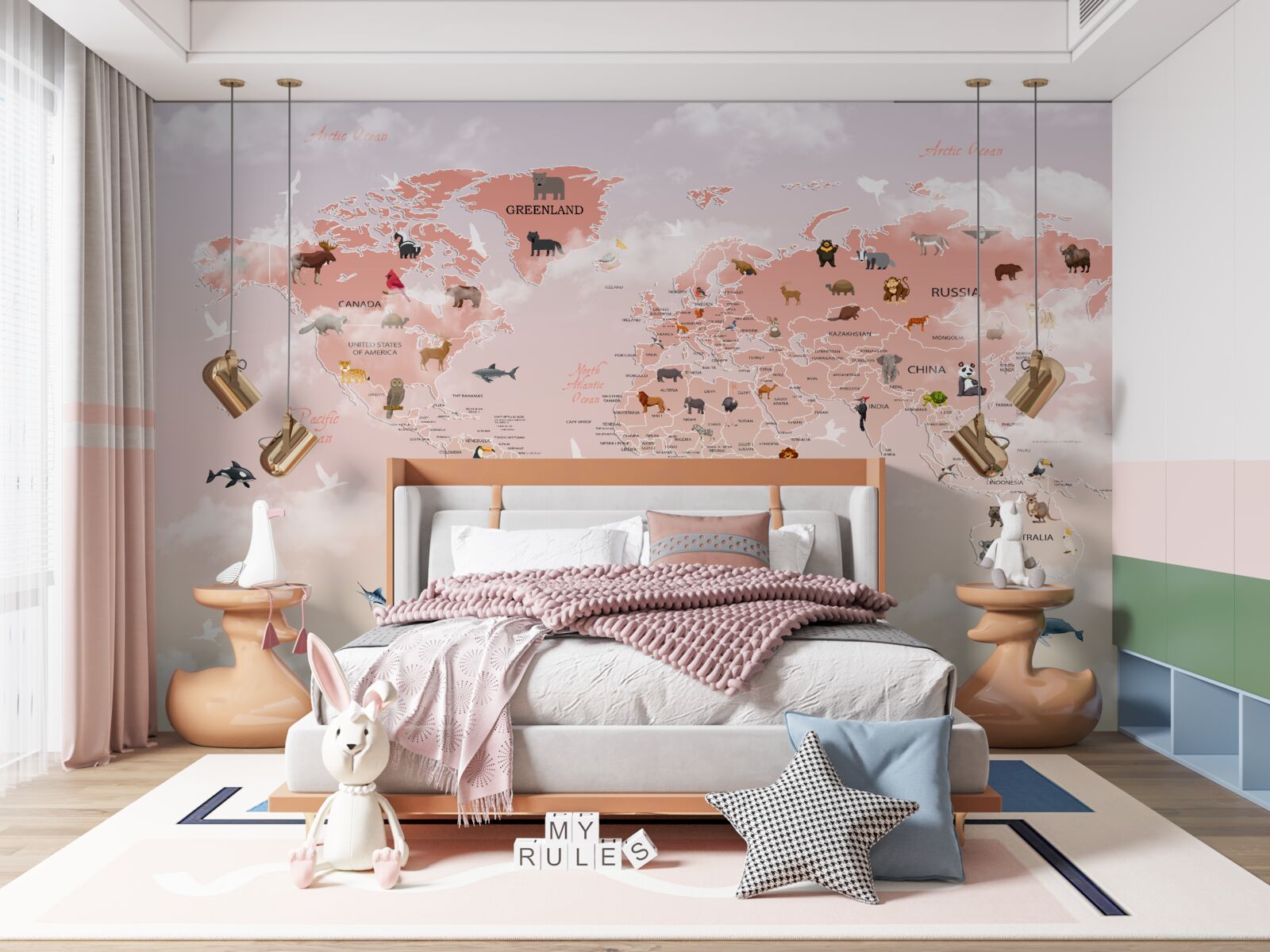Fototapeta ružová mapa sveta s obrázkami a menami zvierat