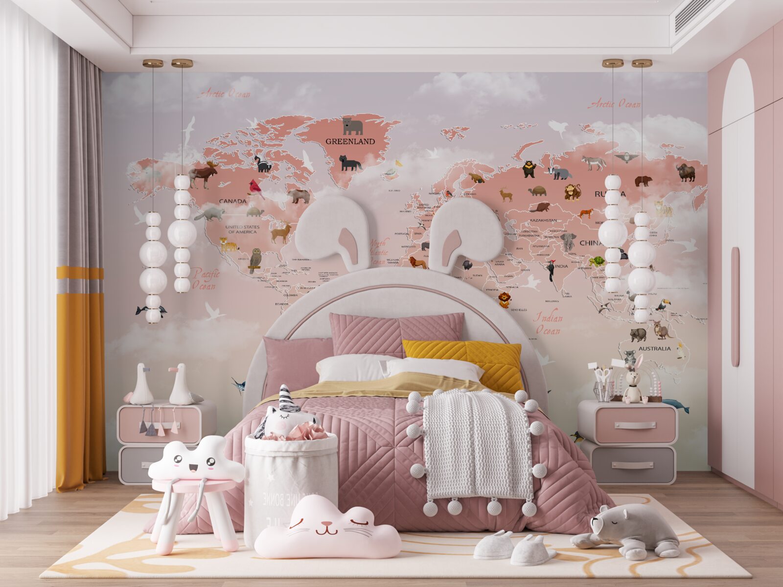 Fototapeta ružová mapa sveta s obrázkami a menami zvierat