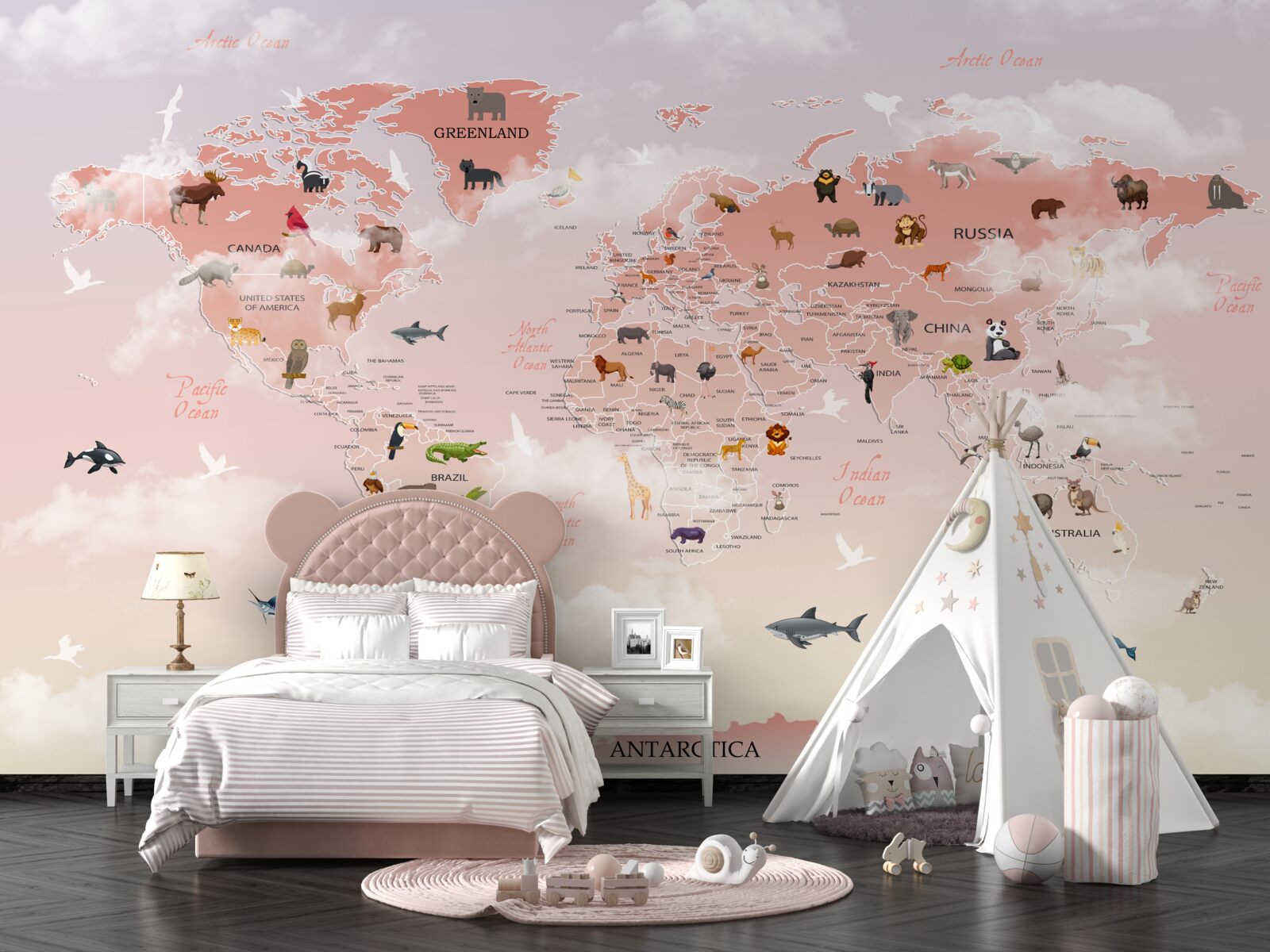 Fototapeta ružová mapa sveta s obrázkami a menami zvierat