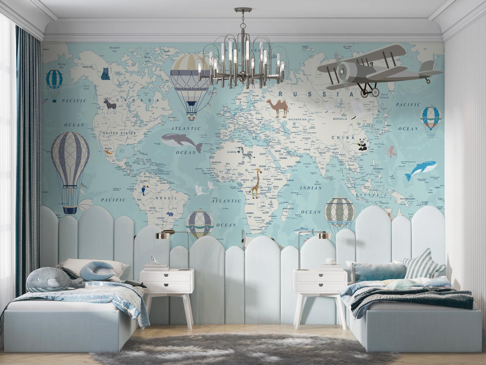 Fototapeta podrobná mapa sveta s balónmi a lietadlami