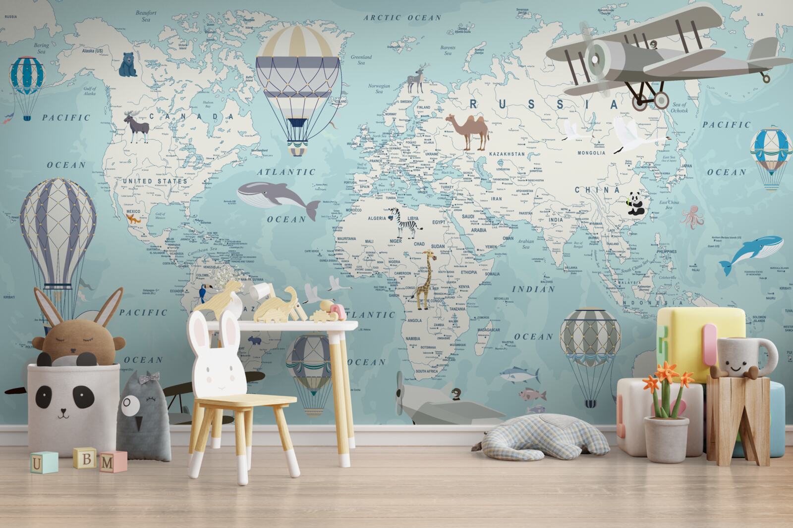 Fototapeta podrobná mapa sveta s balónmi a lietadlami