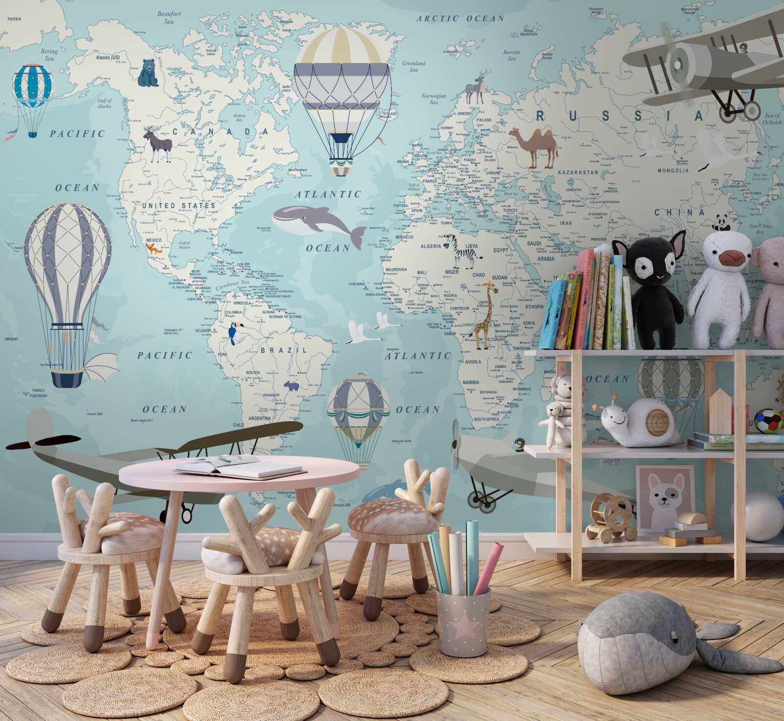 Fototapeta podrobná mapa sveta s balónmi a lietadlami