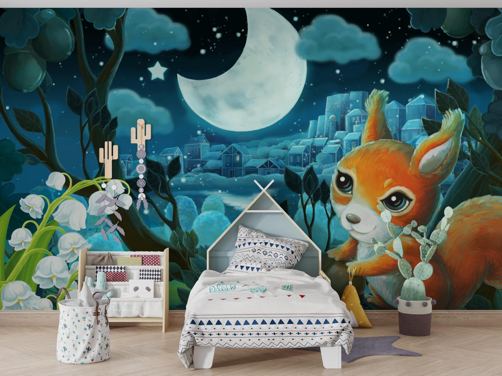 Fototapeta veverička obdivuje mesiac svietiaci nad mestom