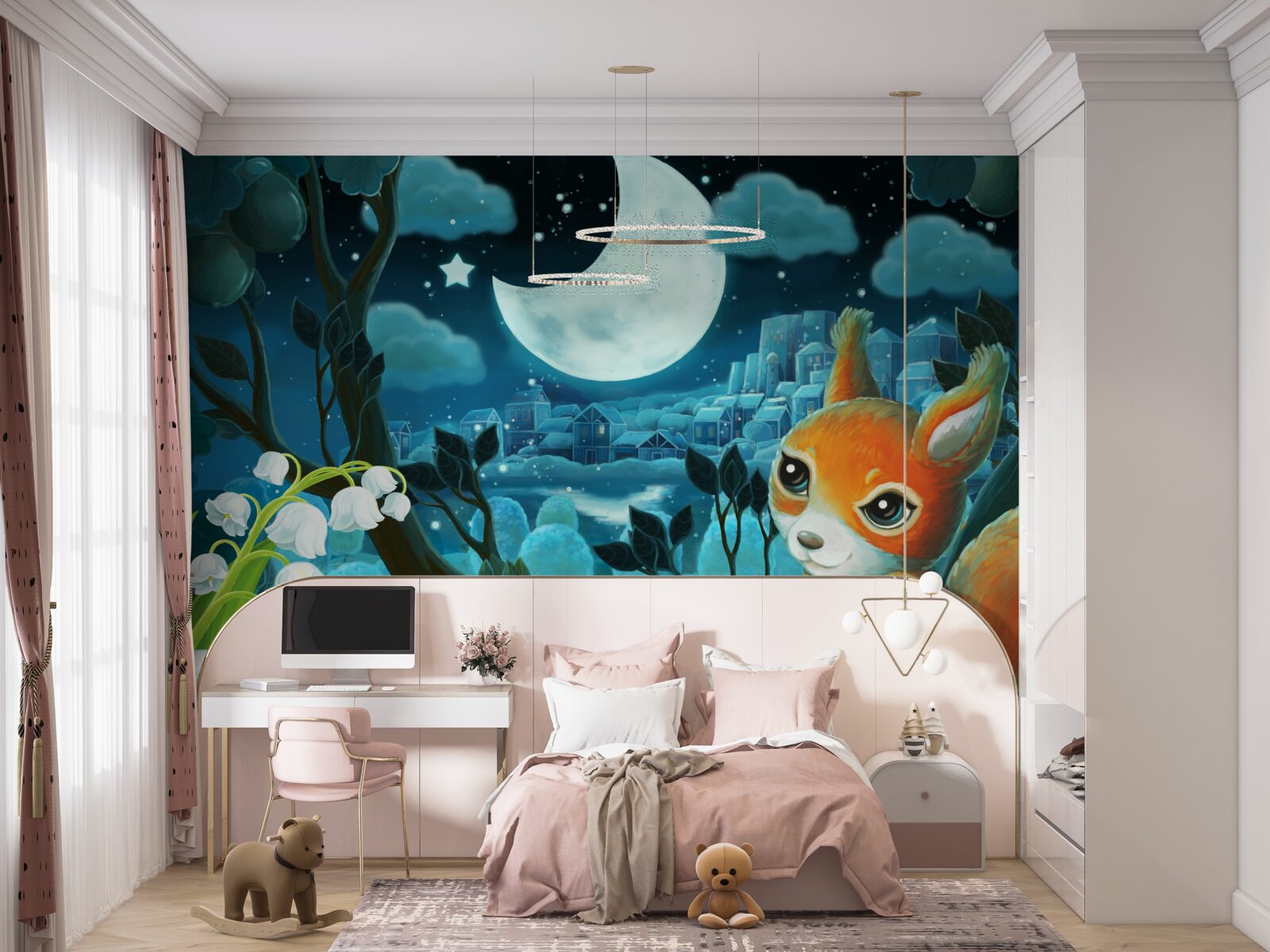 Fototapeta veverička obdivuje mesiac svietiaci nad mestom