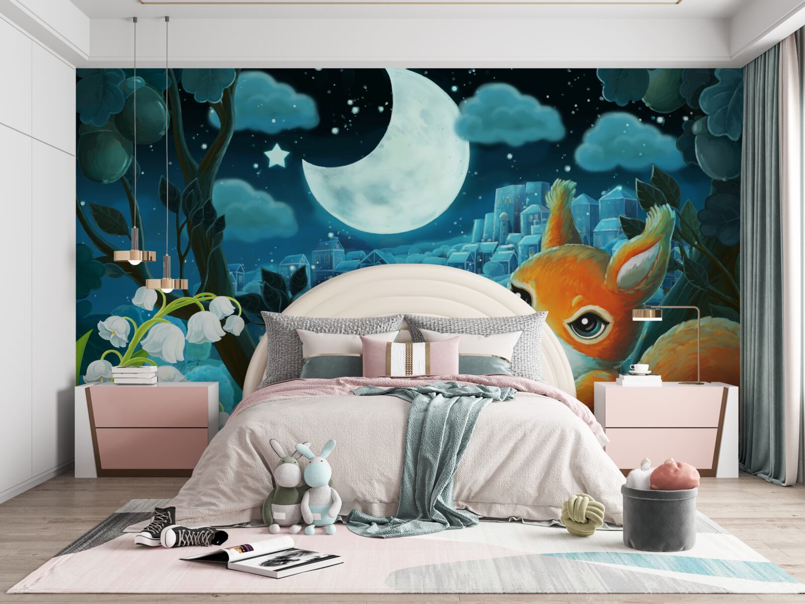 Fototapeta veverička obdivuje mesiac svietiaci nad mestom