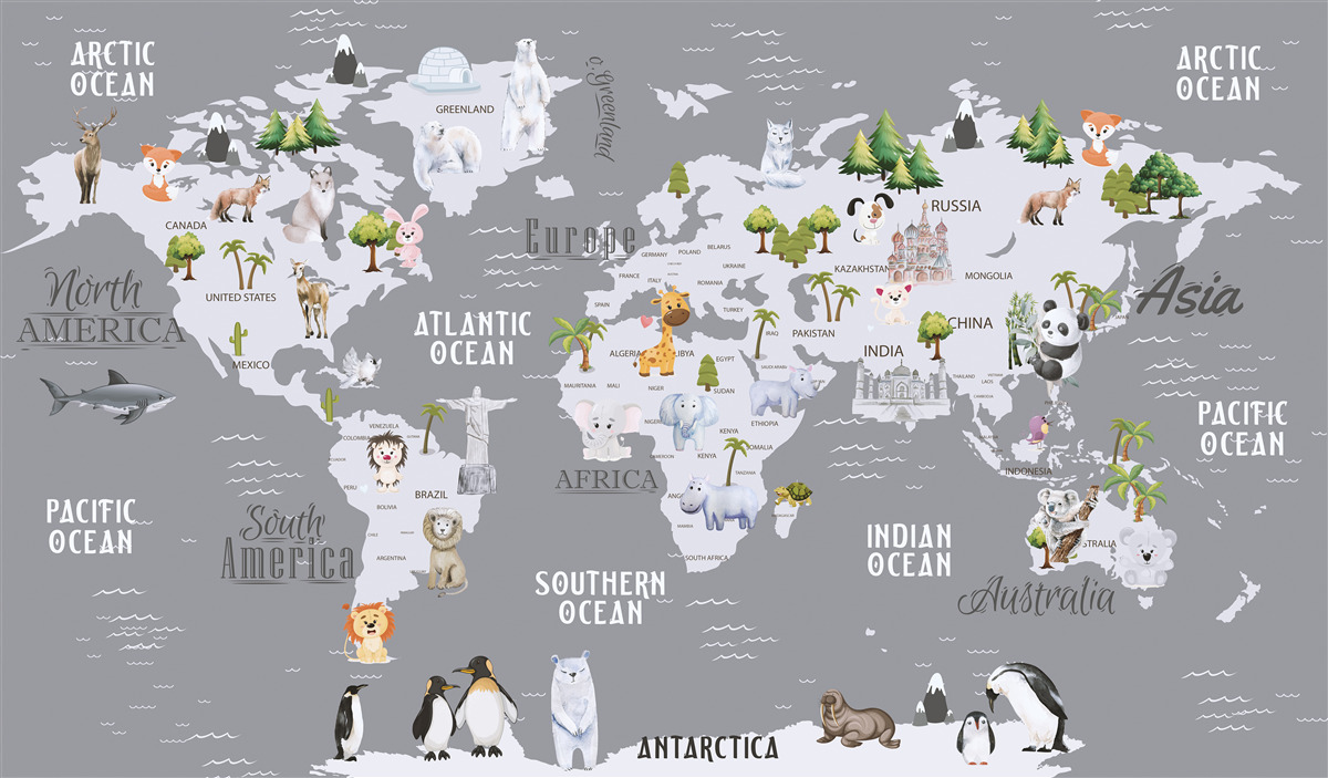 Fototapeta mapa sveta s hlavnými obyvateľmi a významnými pamiatkami