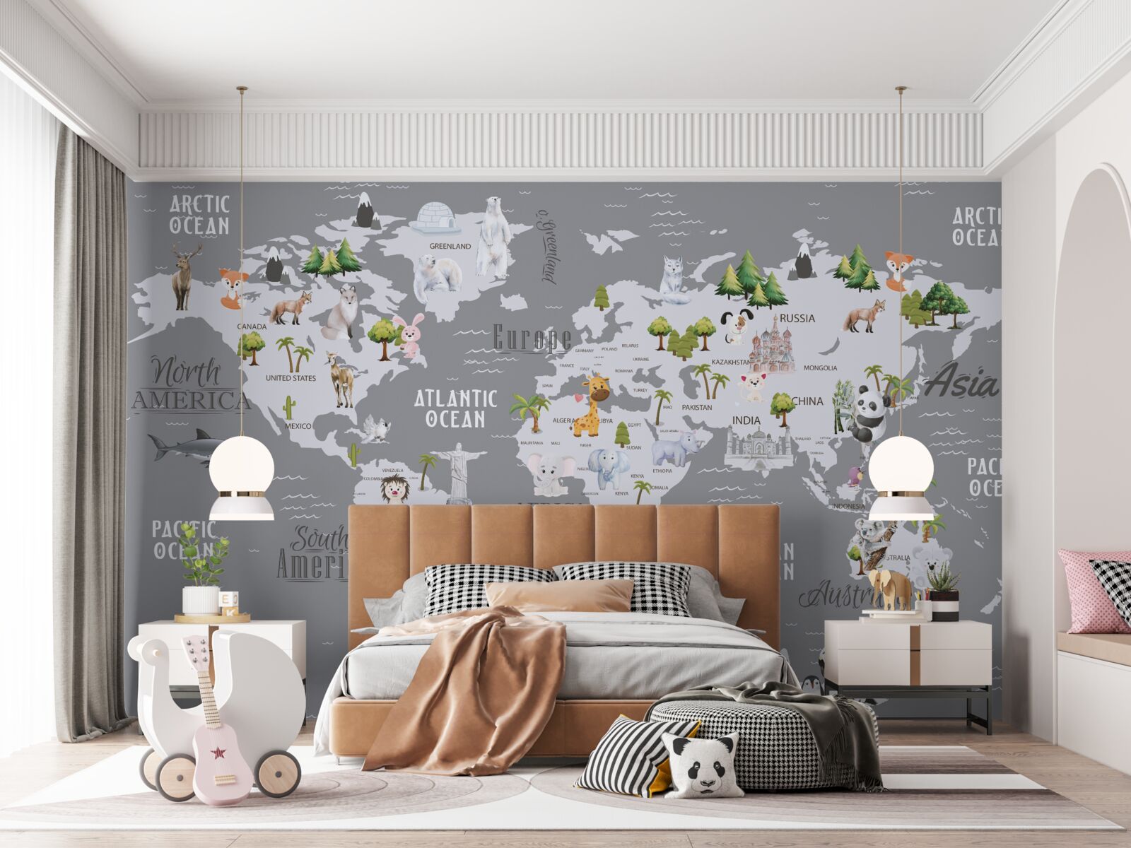 Fototapeta mapa sveta s hlavnými obyvateľmi a významnými pamiatkami